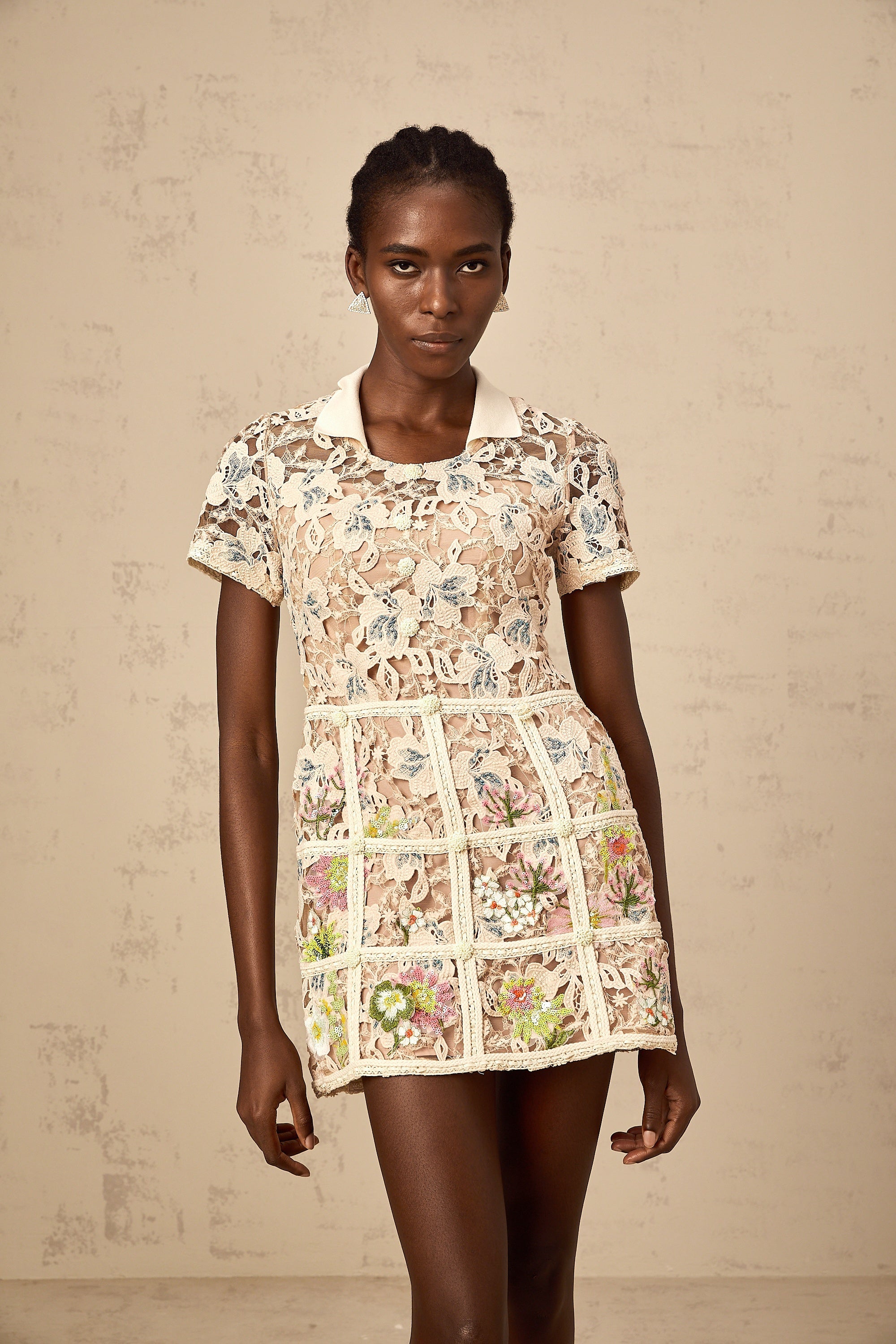 Françoise flower-embroidered mini dress in Neutrals