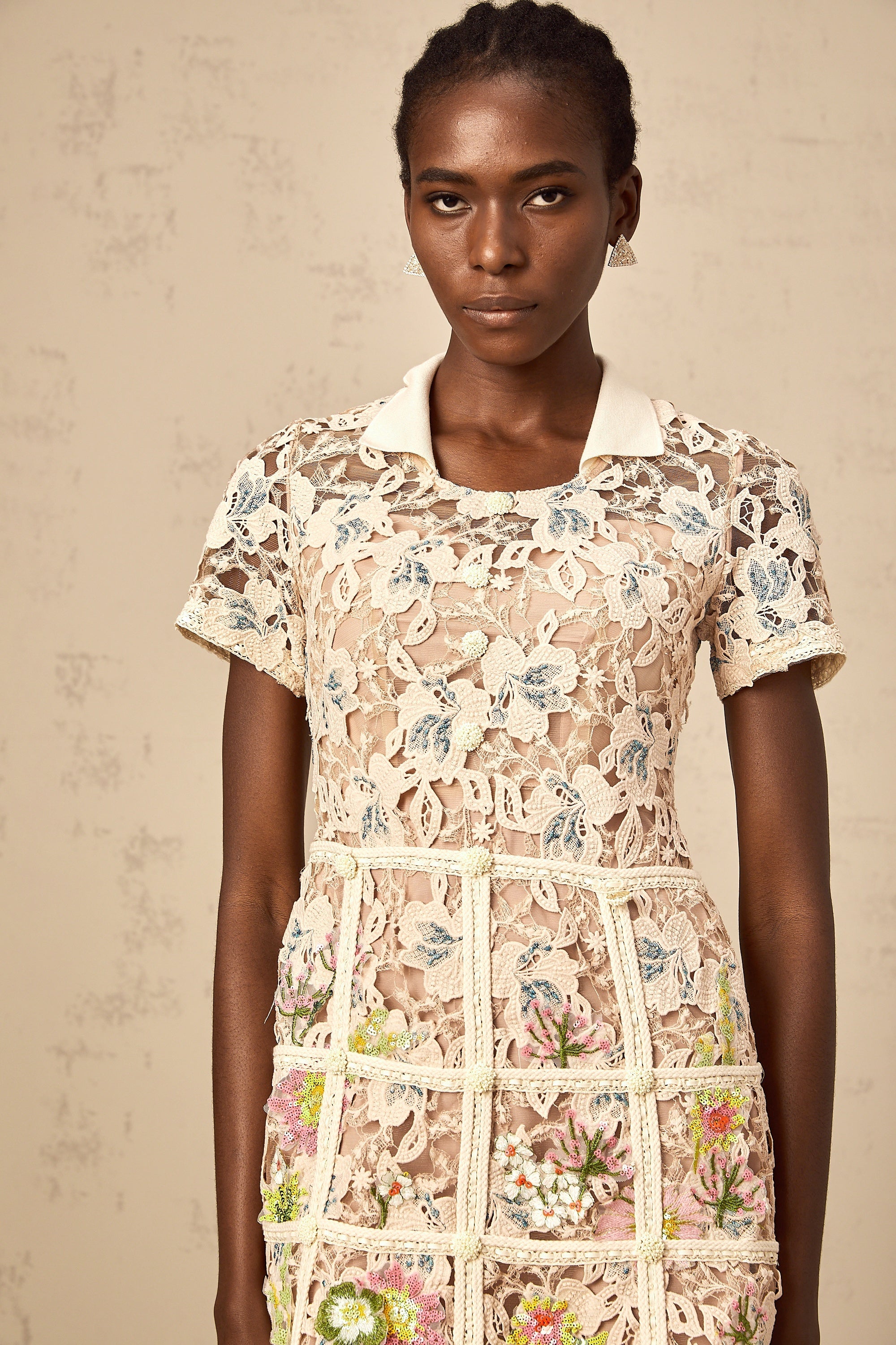 Françoise flower-embroidered mini dress in Neutrals