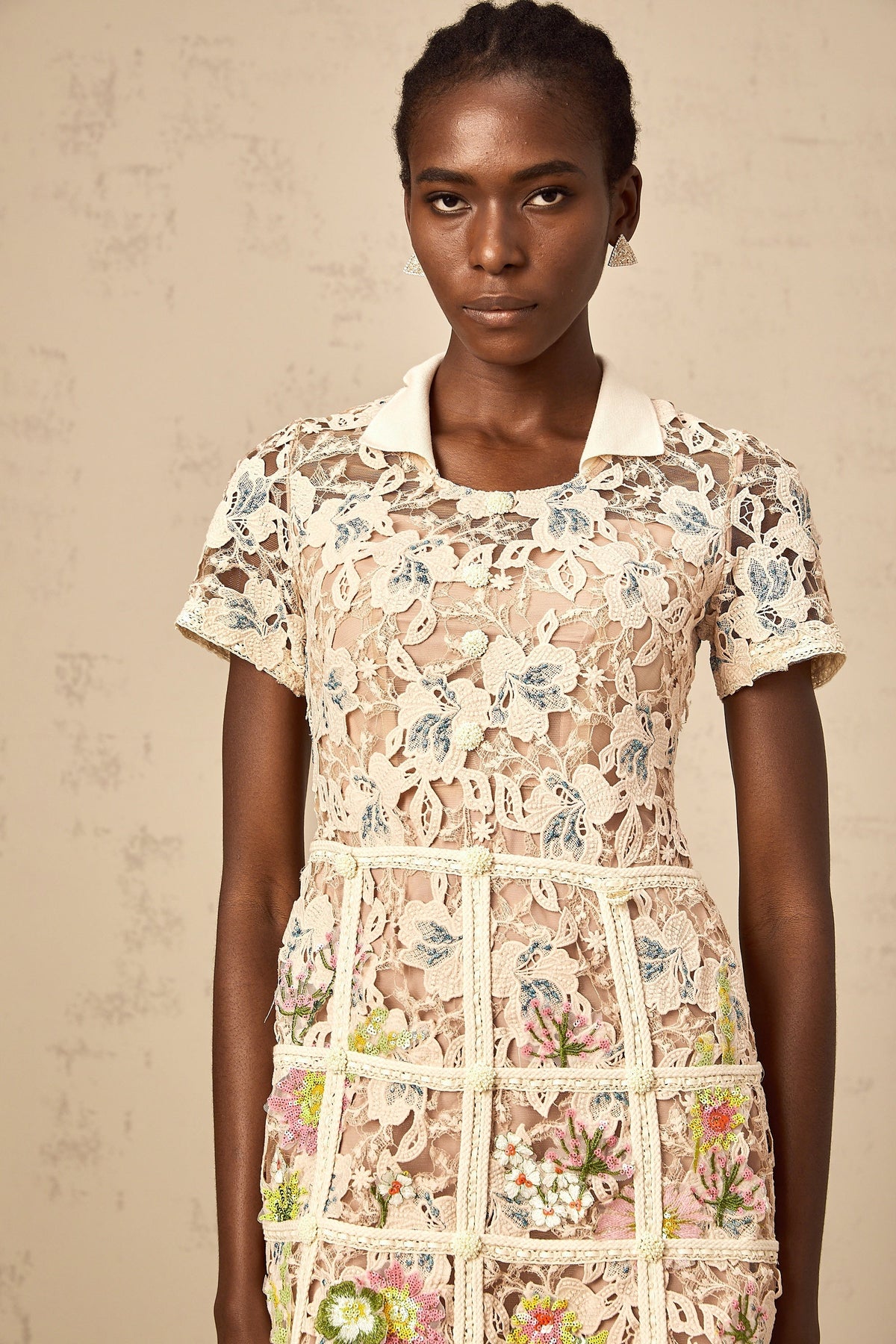 Françoise flower-embroidered mini dress in Neutrals