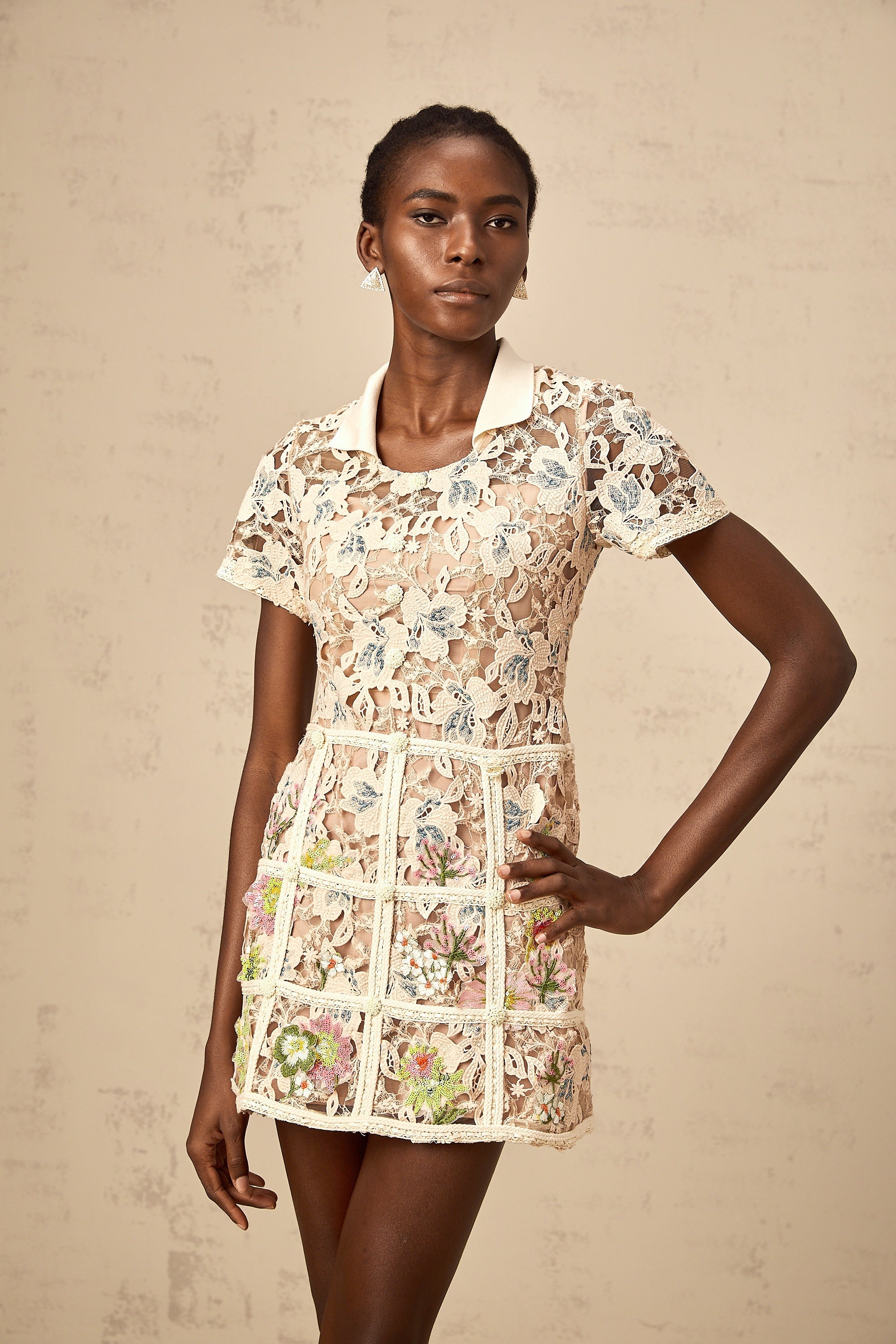 Françoise flower-embroidered mini dress in Neutrals