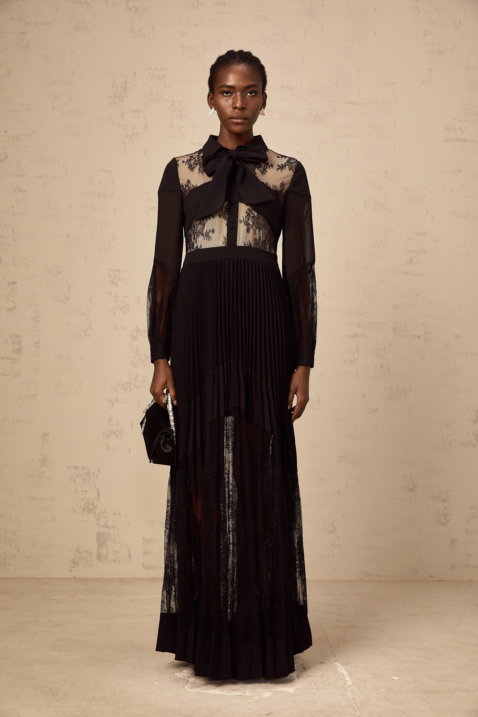 Ségolène black floral-lace-panel pleated maxi dress (Final Sale-US Only)