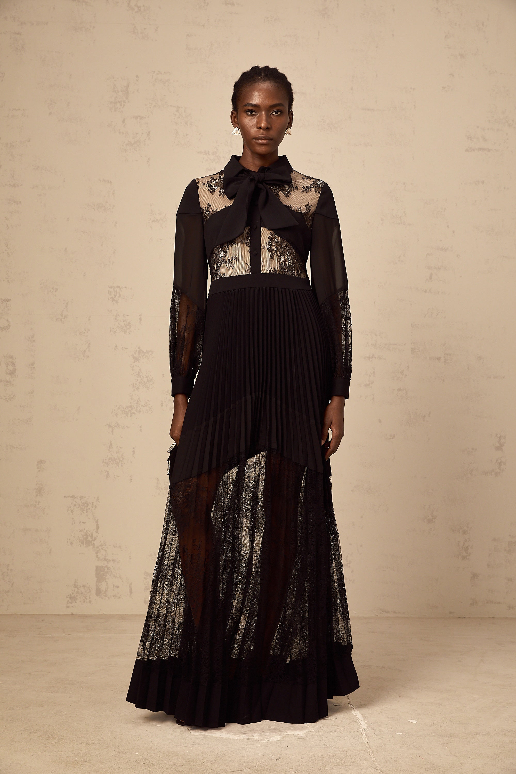 Ségolène black floral-lace-panel pleated maxi dress