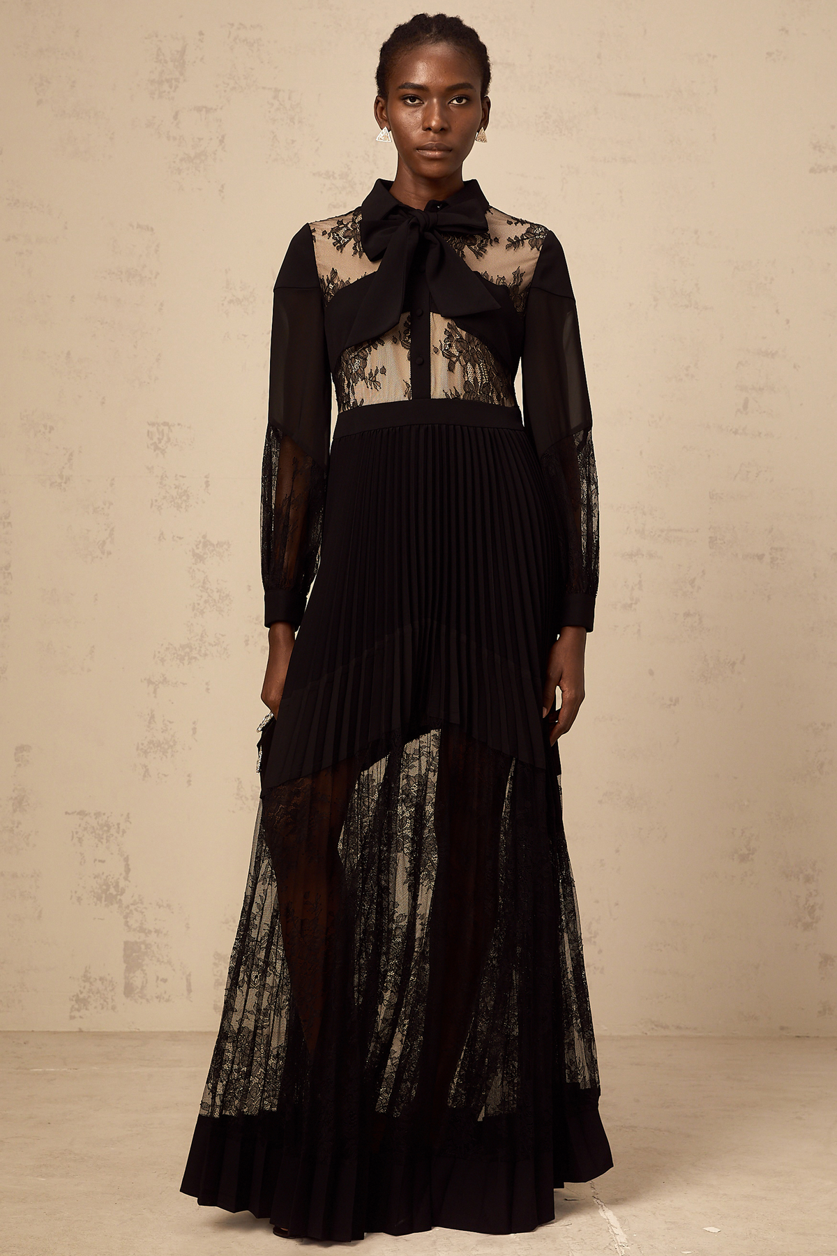 Ségolène black floral-lace-panel pleated maxi dress