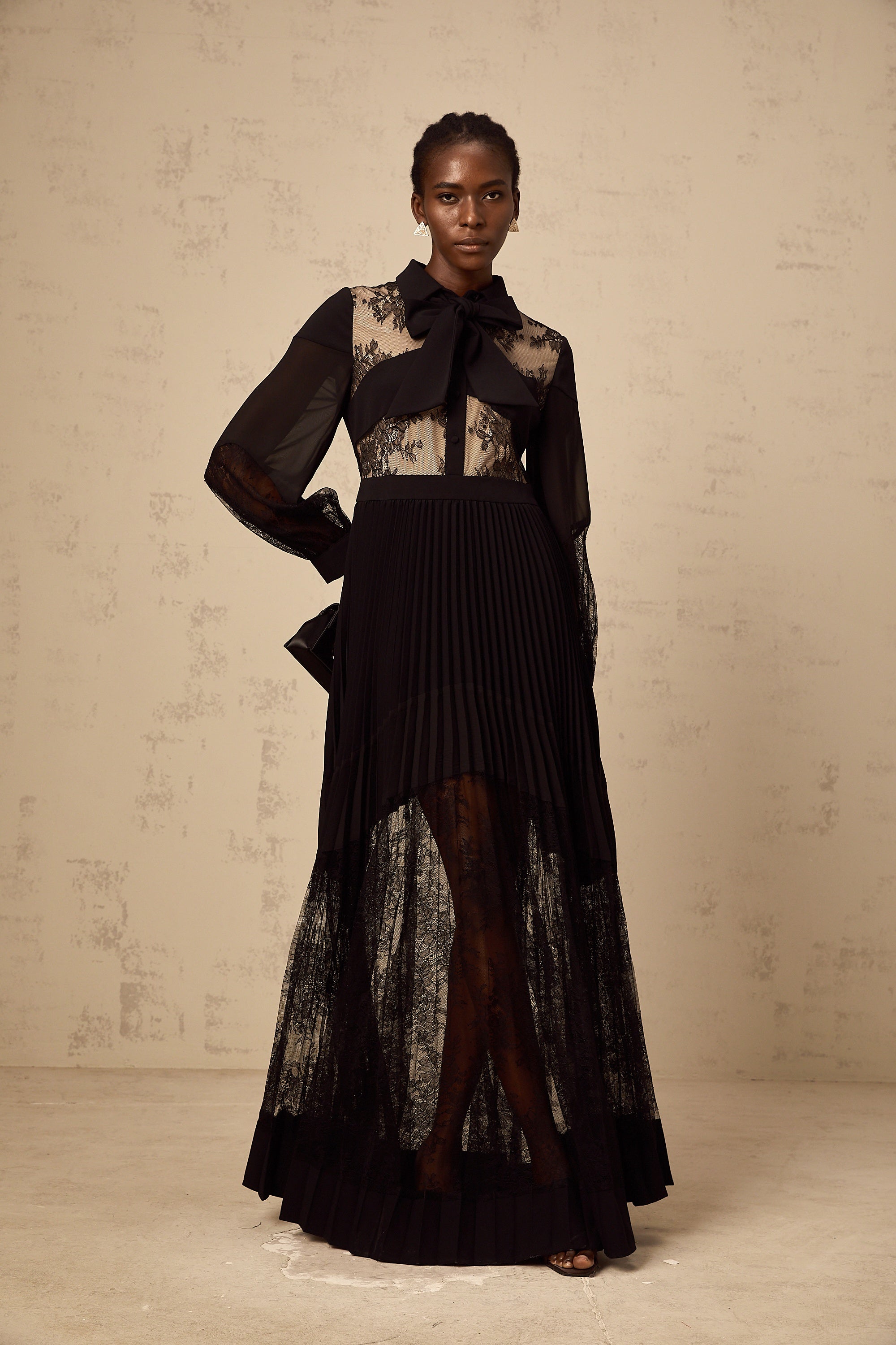 Ségolène black floral-lace-panel pleated maxi dress