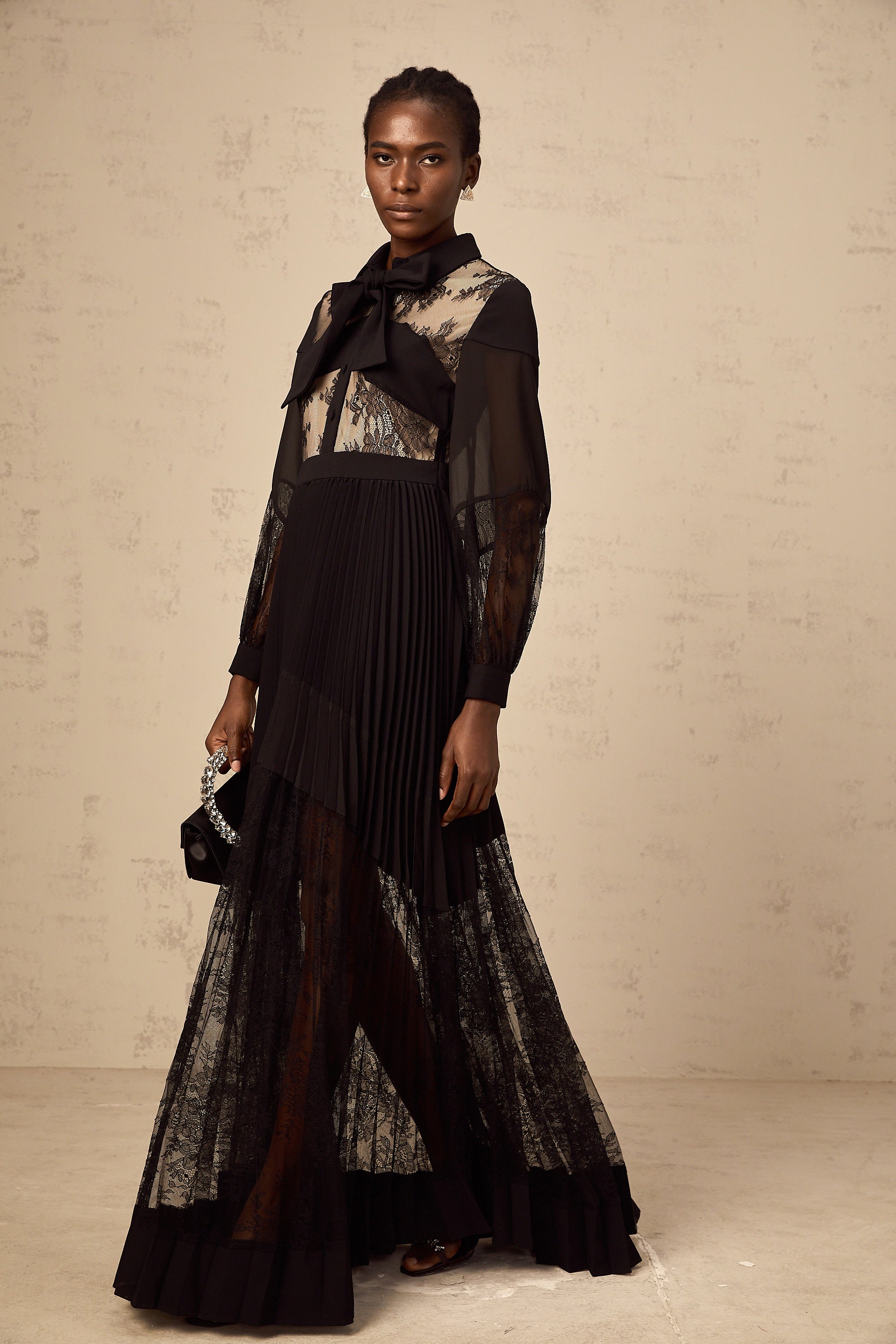 Ségolène black floral-lace-panel pleated maxi dress