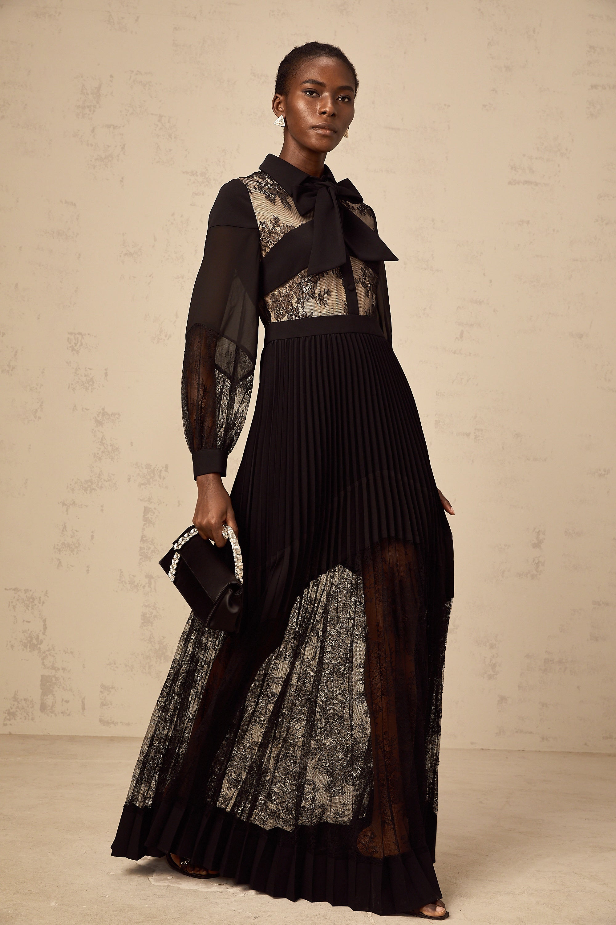 Ségolène black floral-lace-panel pleated maxi dress