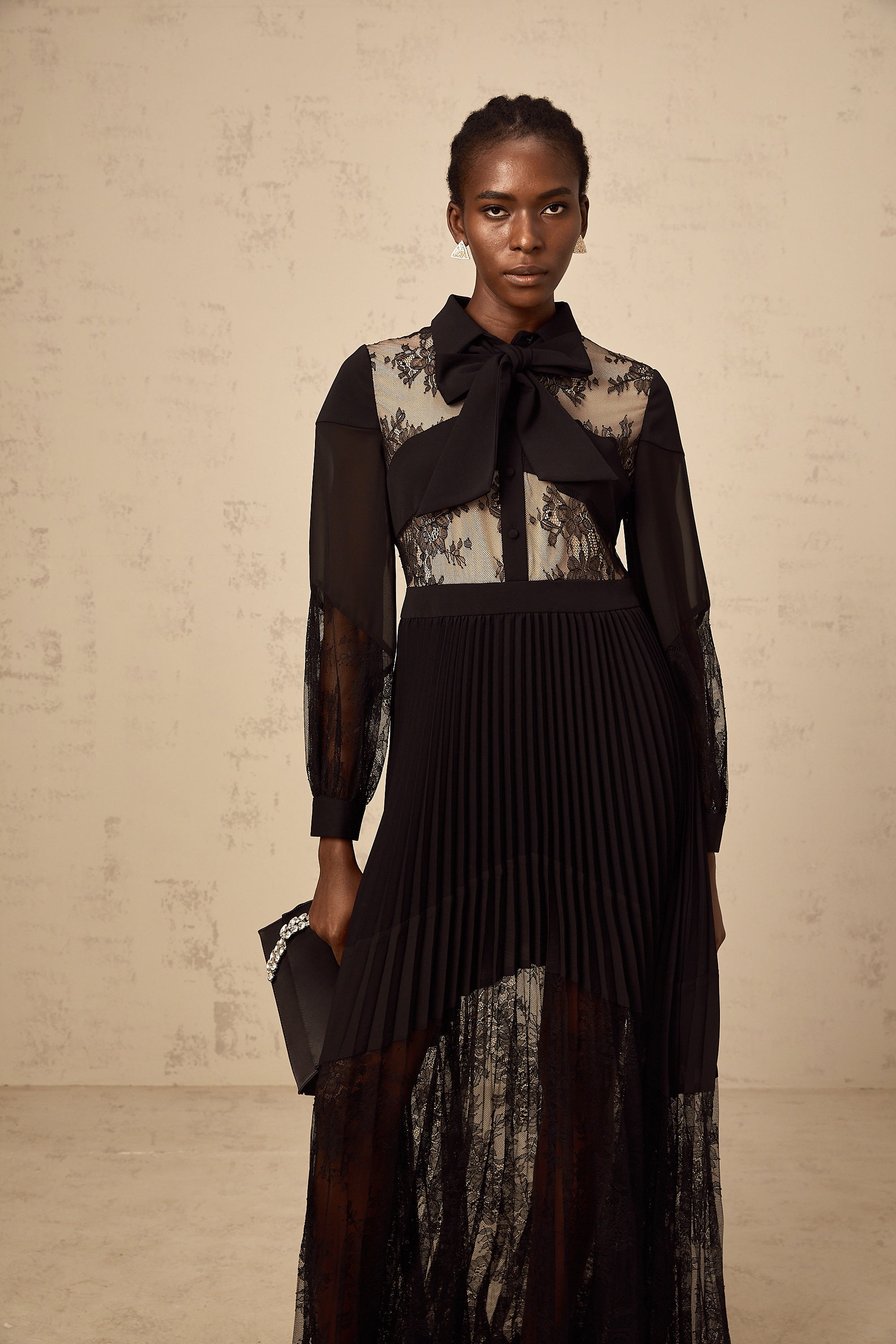 Ségolène black floral-lace-panel pleated maxi dress
