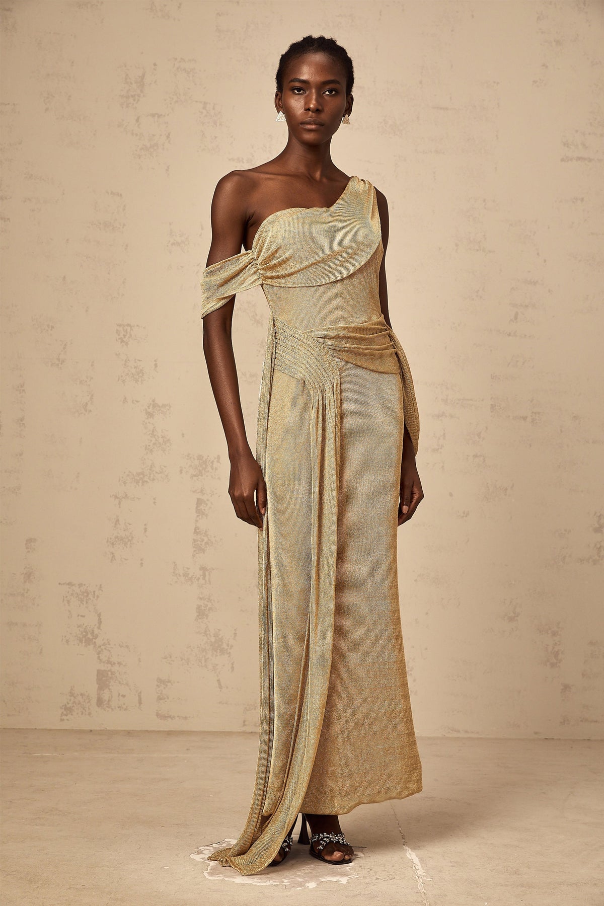 Anne gold ribbon-design gathered maxi dress
