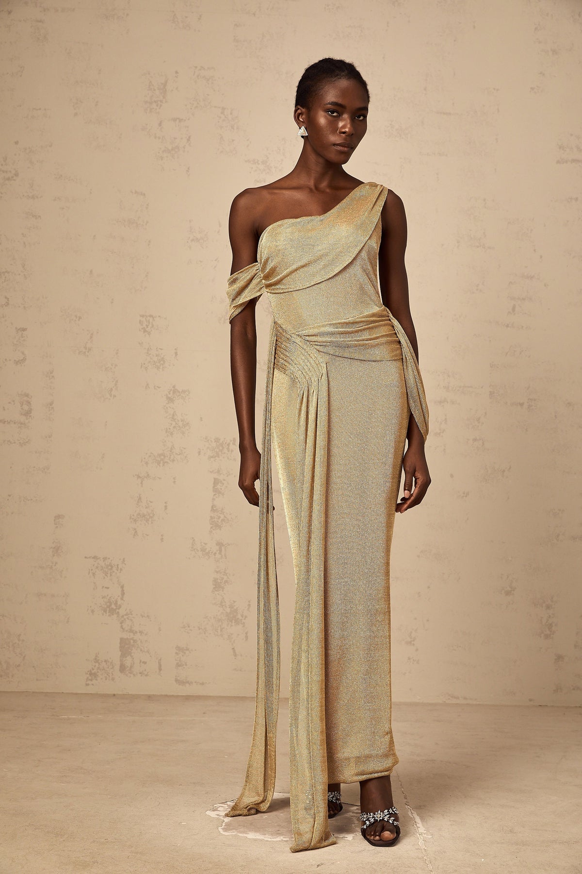 Anne gold ribbon-design gathered maxi dress
