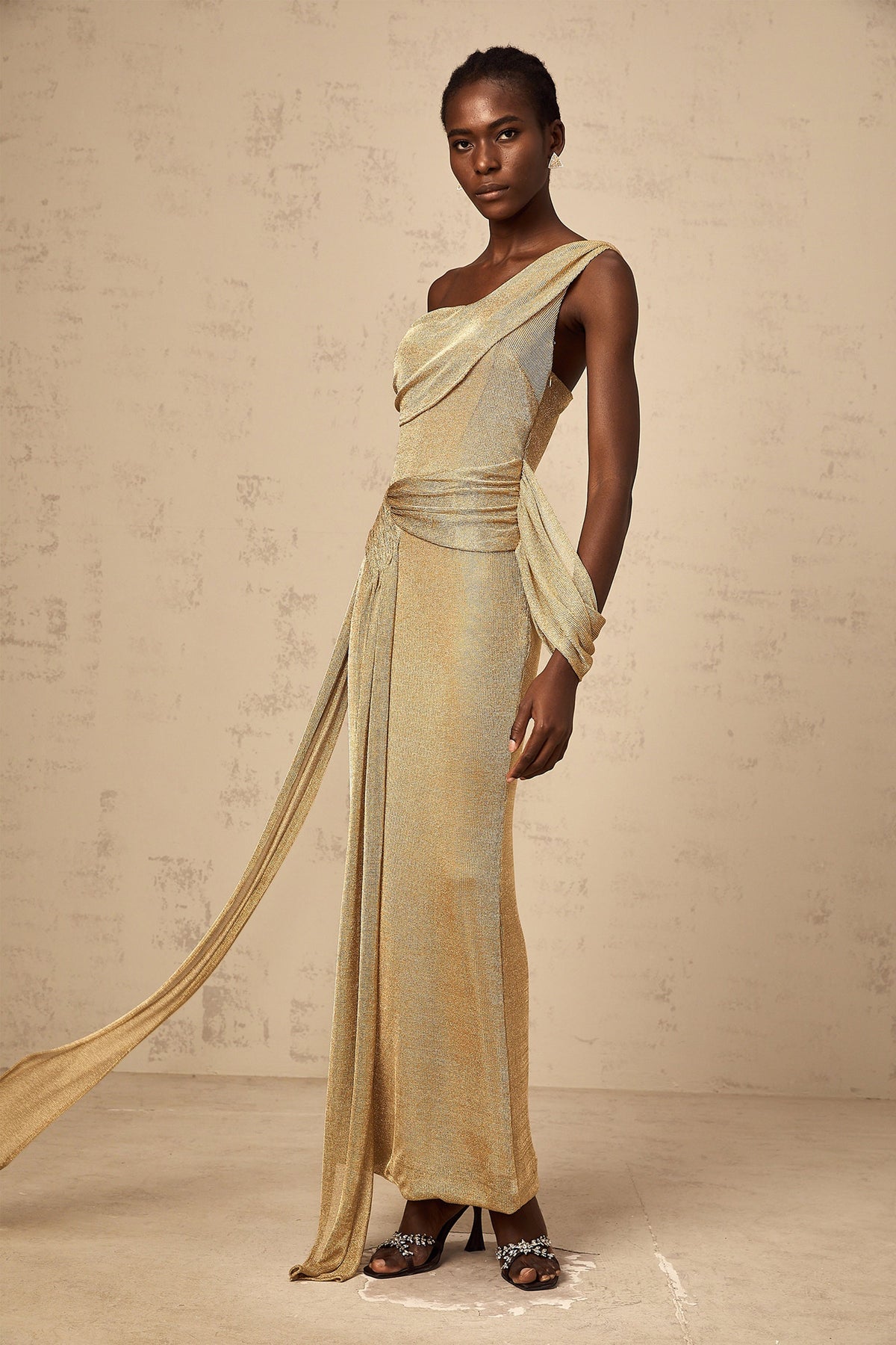 Anne gold ribbon-design gathered maxi dress