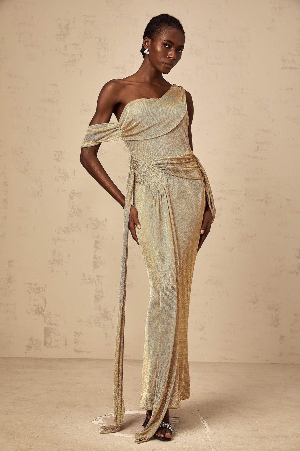 Anne gold ribbon-design gathered maxi dress