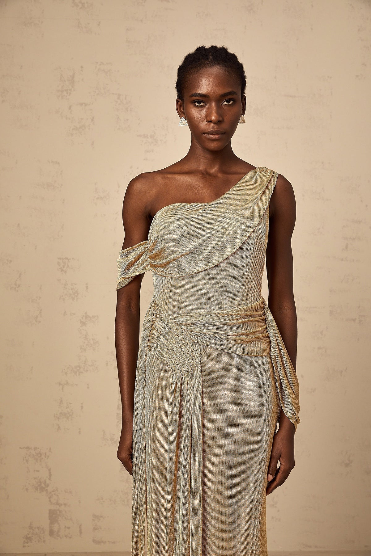 Anne gold ribbon-design gathered maxi dress