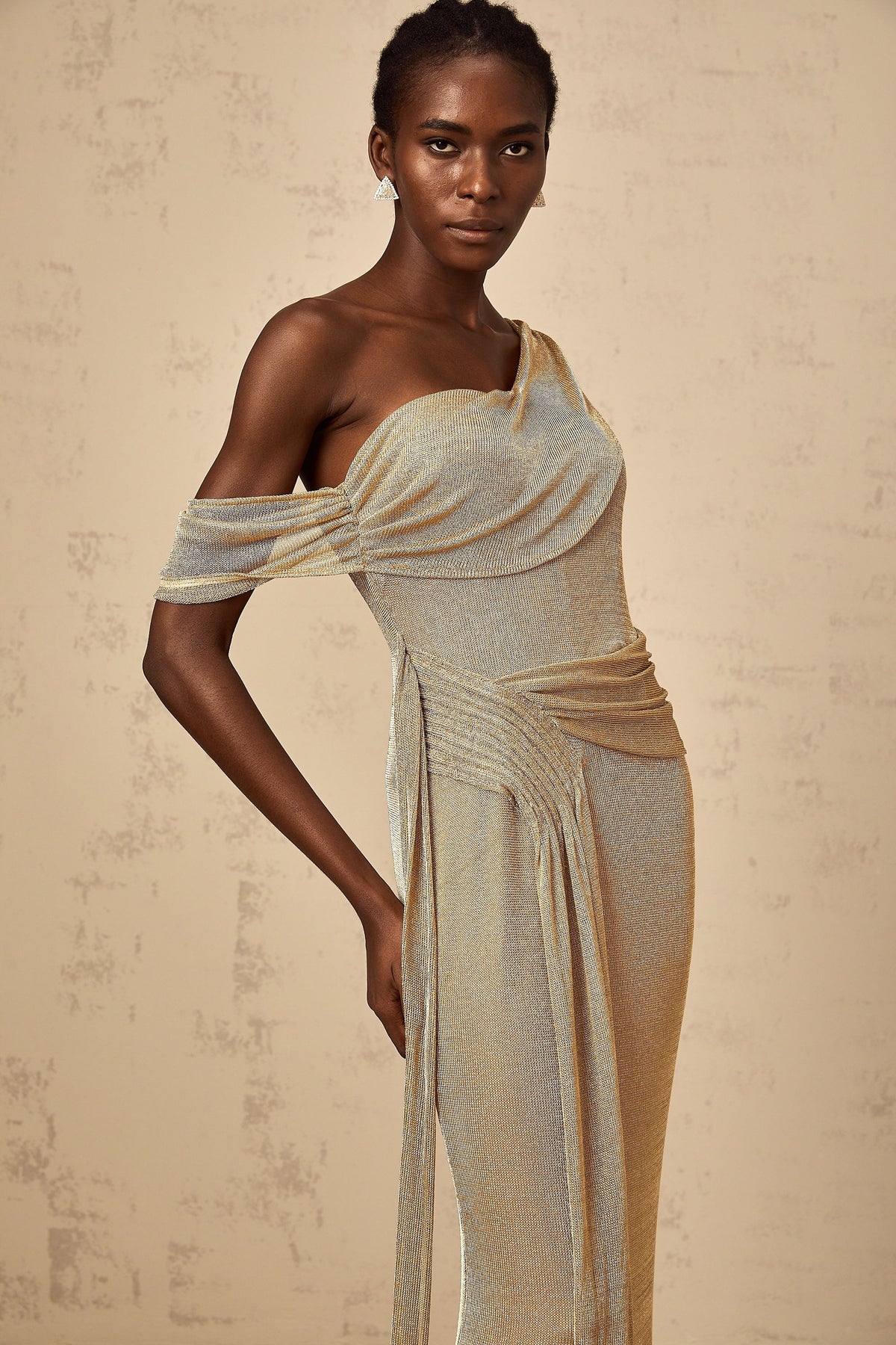 Anne gold ribbon-design gathered maxi dress