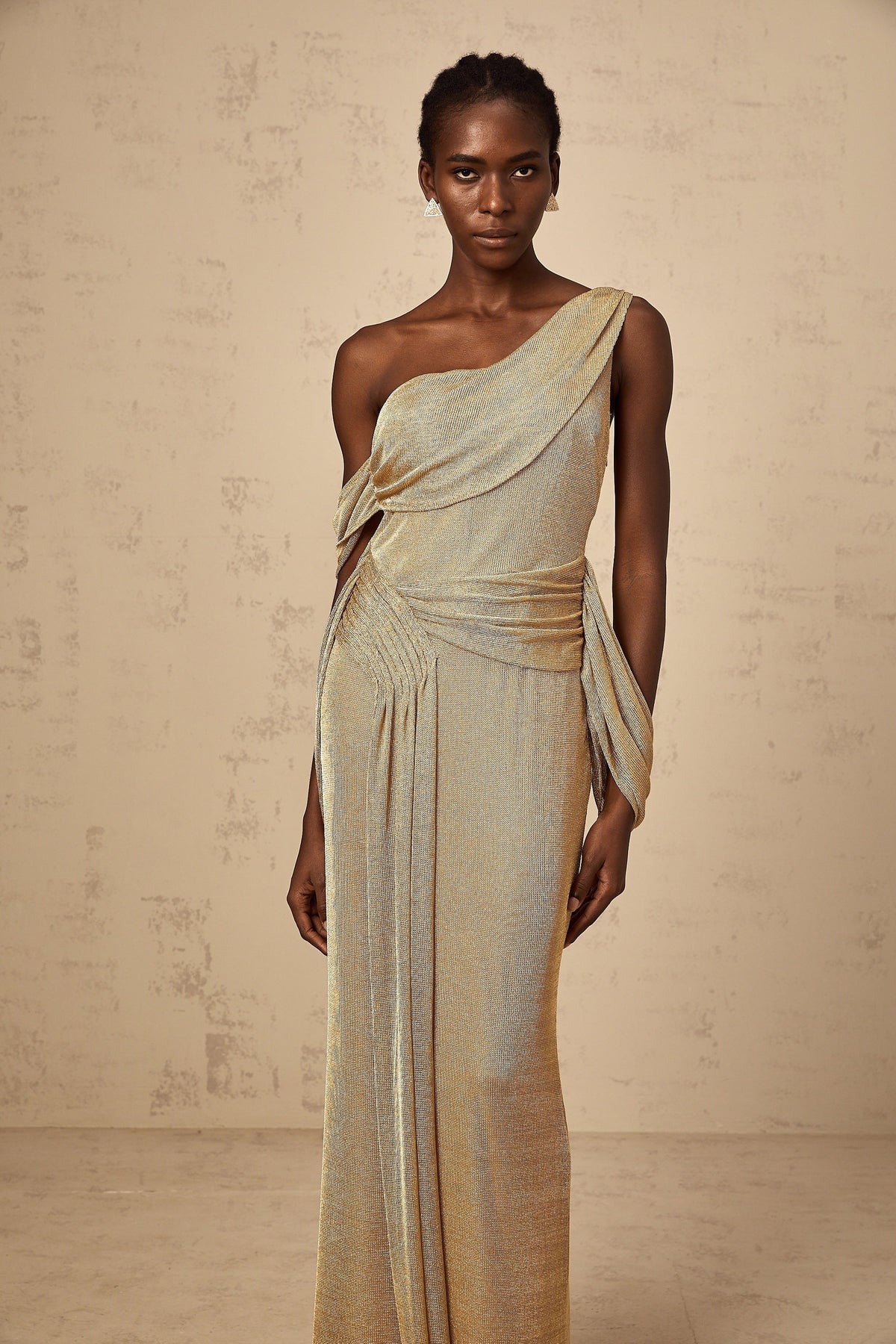Anne gold ribbon-design gathered maxi dress
