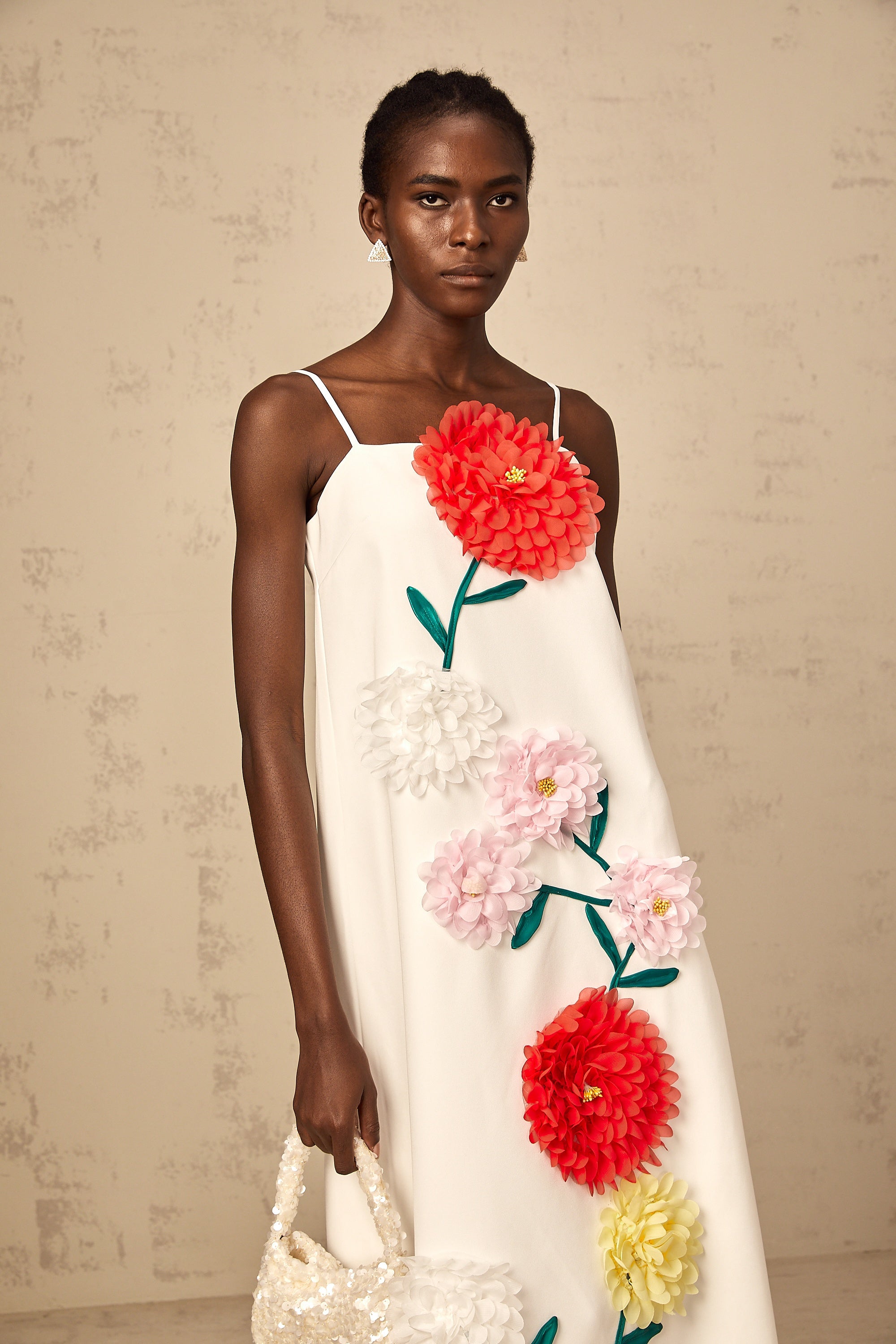 Véronique white 3d-petal sleeveless midi dress
