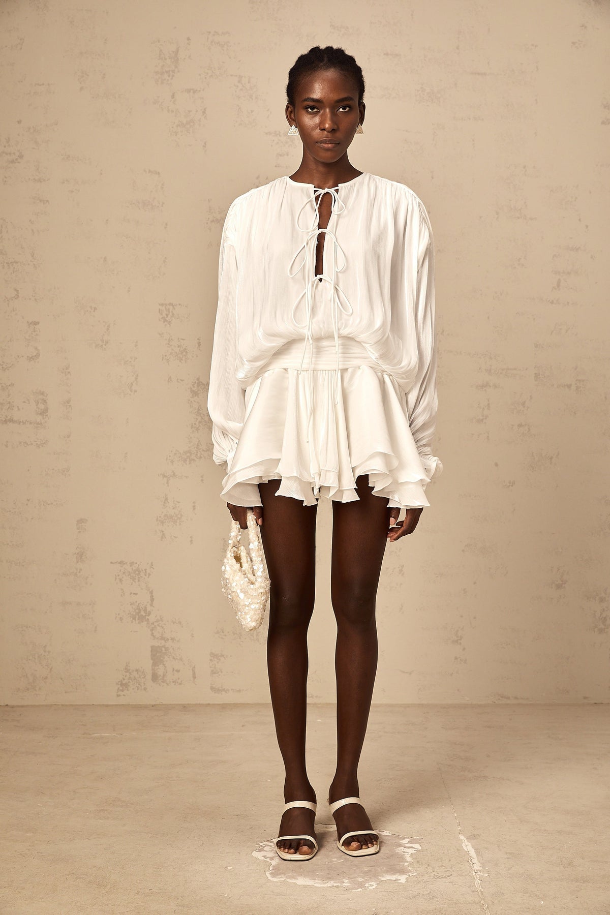 Mahault white pleated glitter-effect mini dress