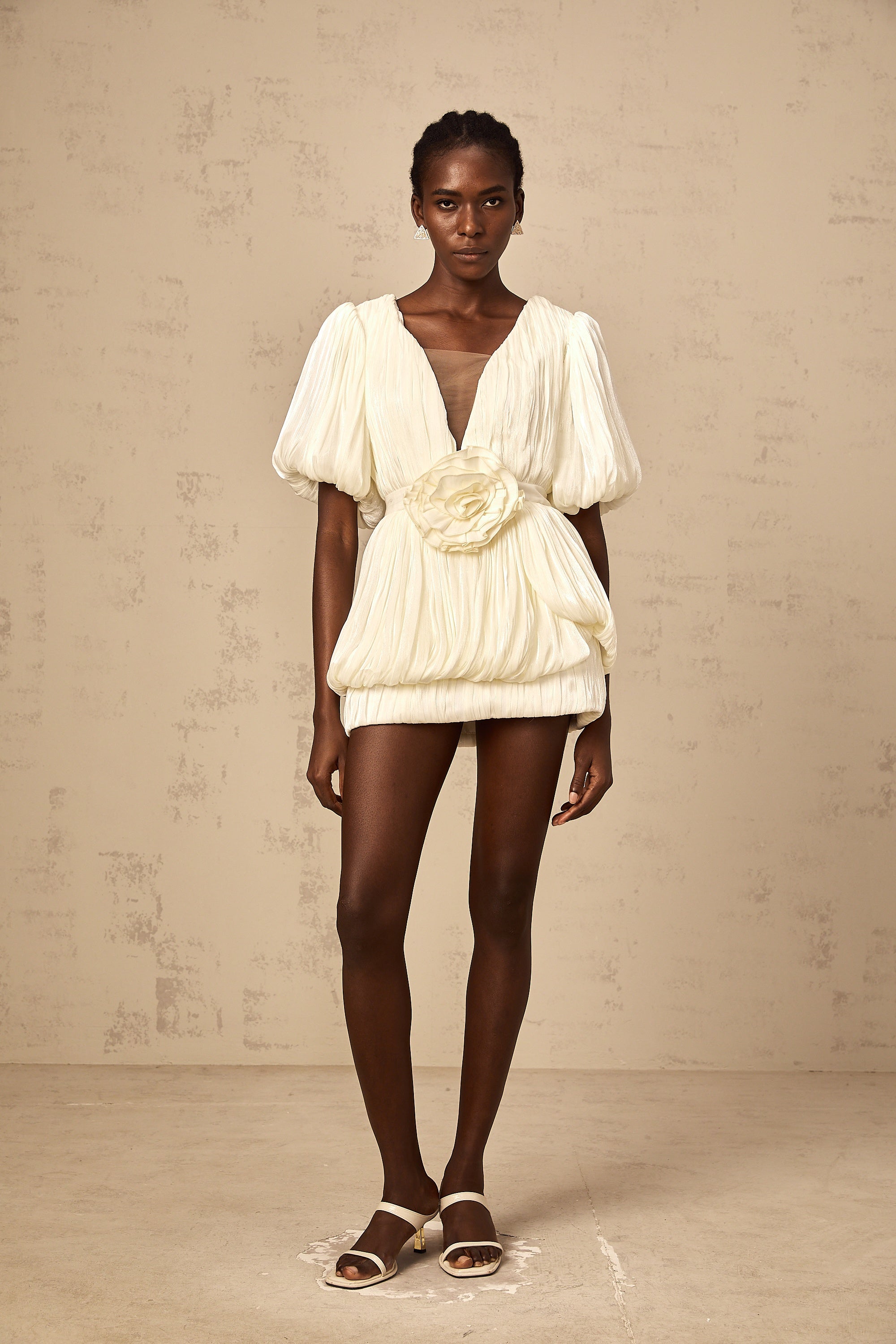 Nadège neutrals pleated floral-appliqué mini dress (Final Sale)