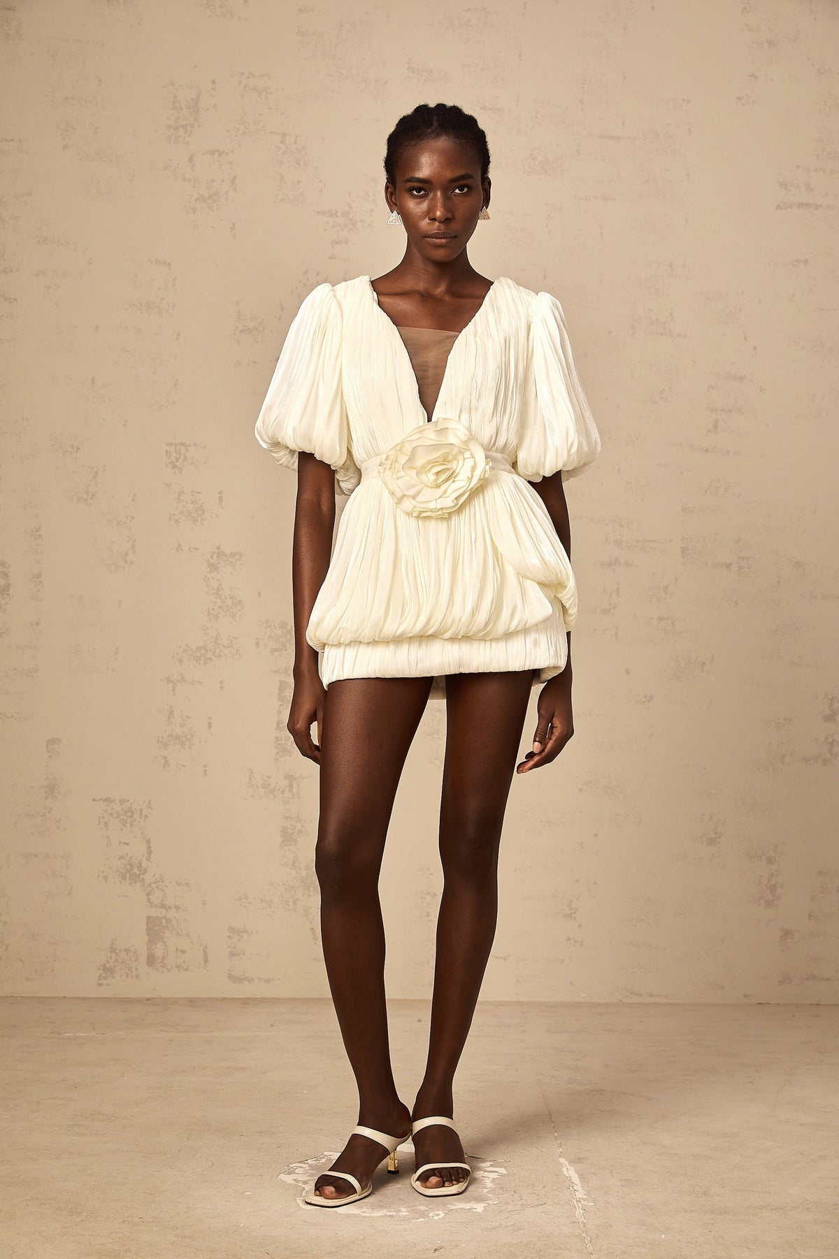 Nadège neutrals pleated floral-appliqué mini dress (Final Sale)