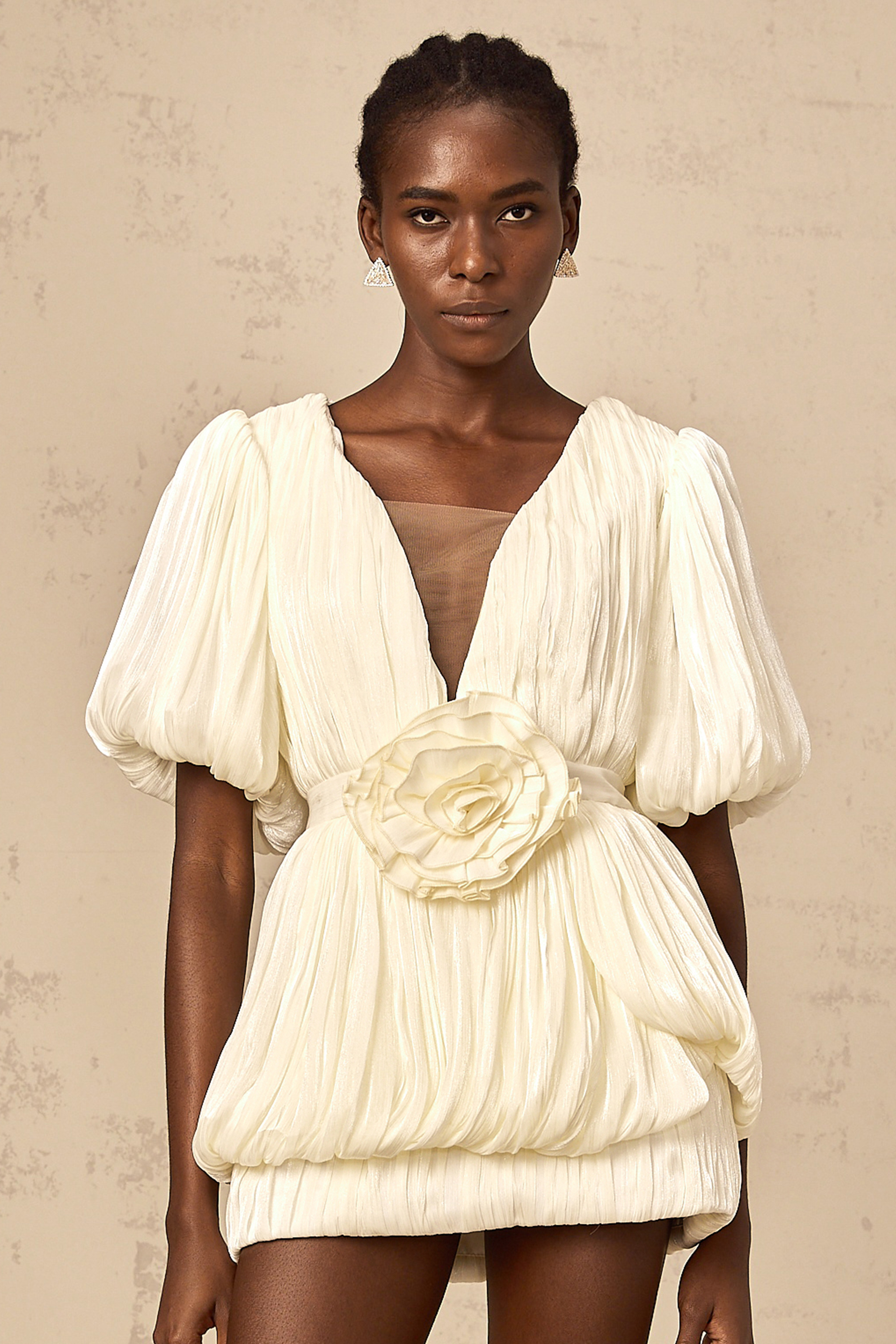 Nadège neutrals pleated floral-appliqué mini dress (Final Sale)