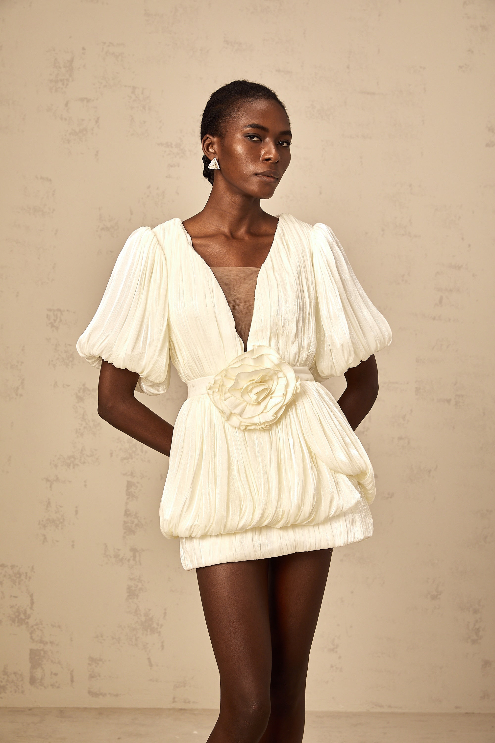 Nadège neutrals pleated floral-appliqué mini dress (Final Sale)