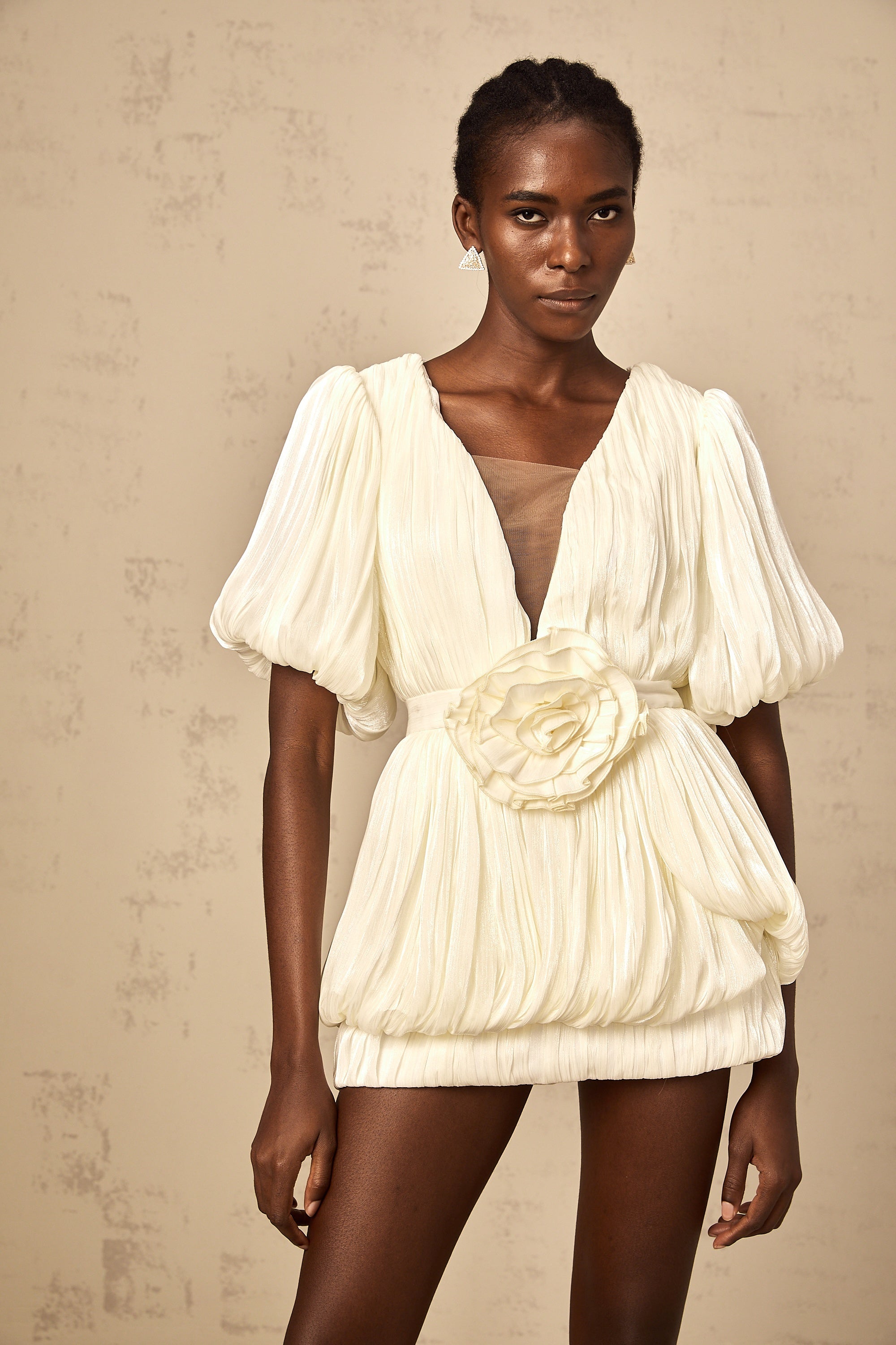 Nadège neutrals pleated floral-appliqué mini dress (Final Sale)