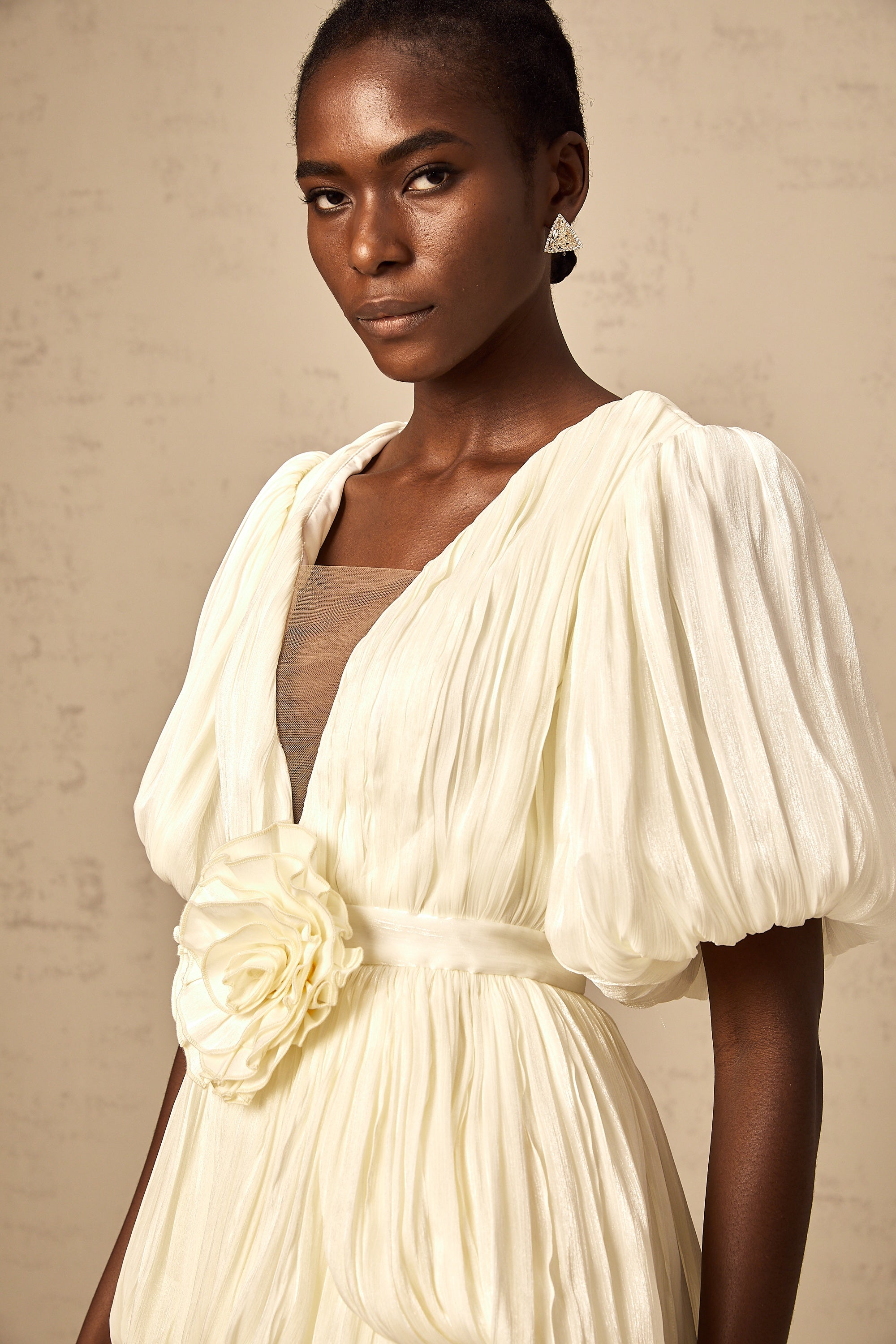Nadège neutrals pleated floral-appliqué mini dress