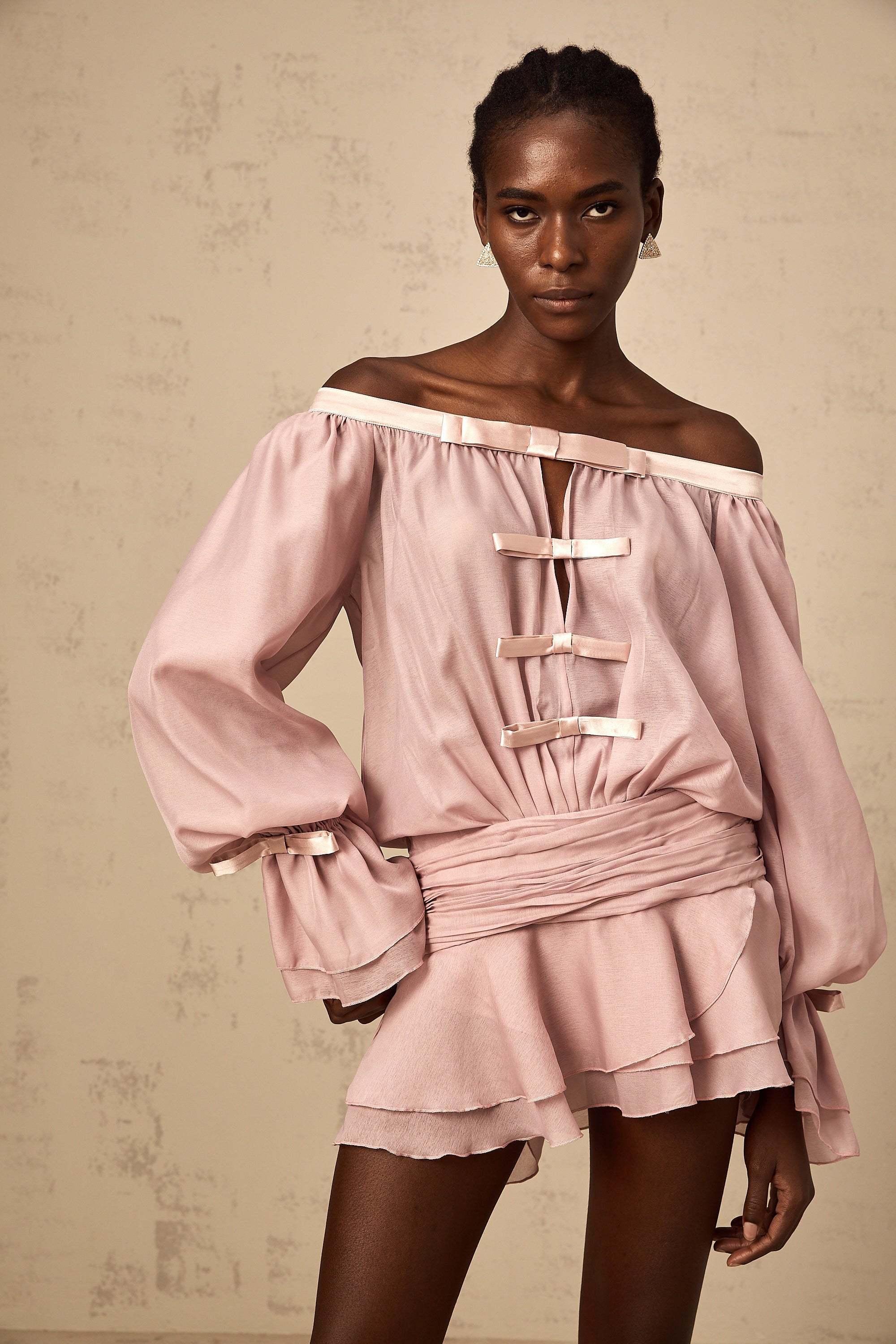Dulcie pink off-shoulder bowknot flounced mini dress