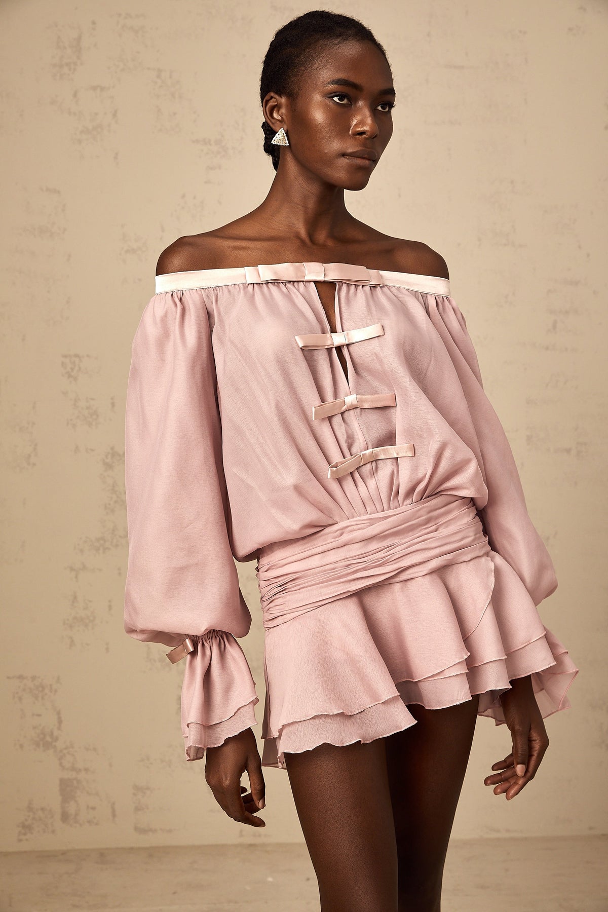 Dulcie pink off-shoulder bowknot flounced mini dress