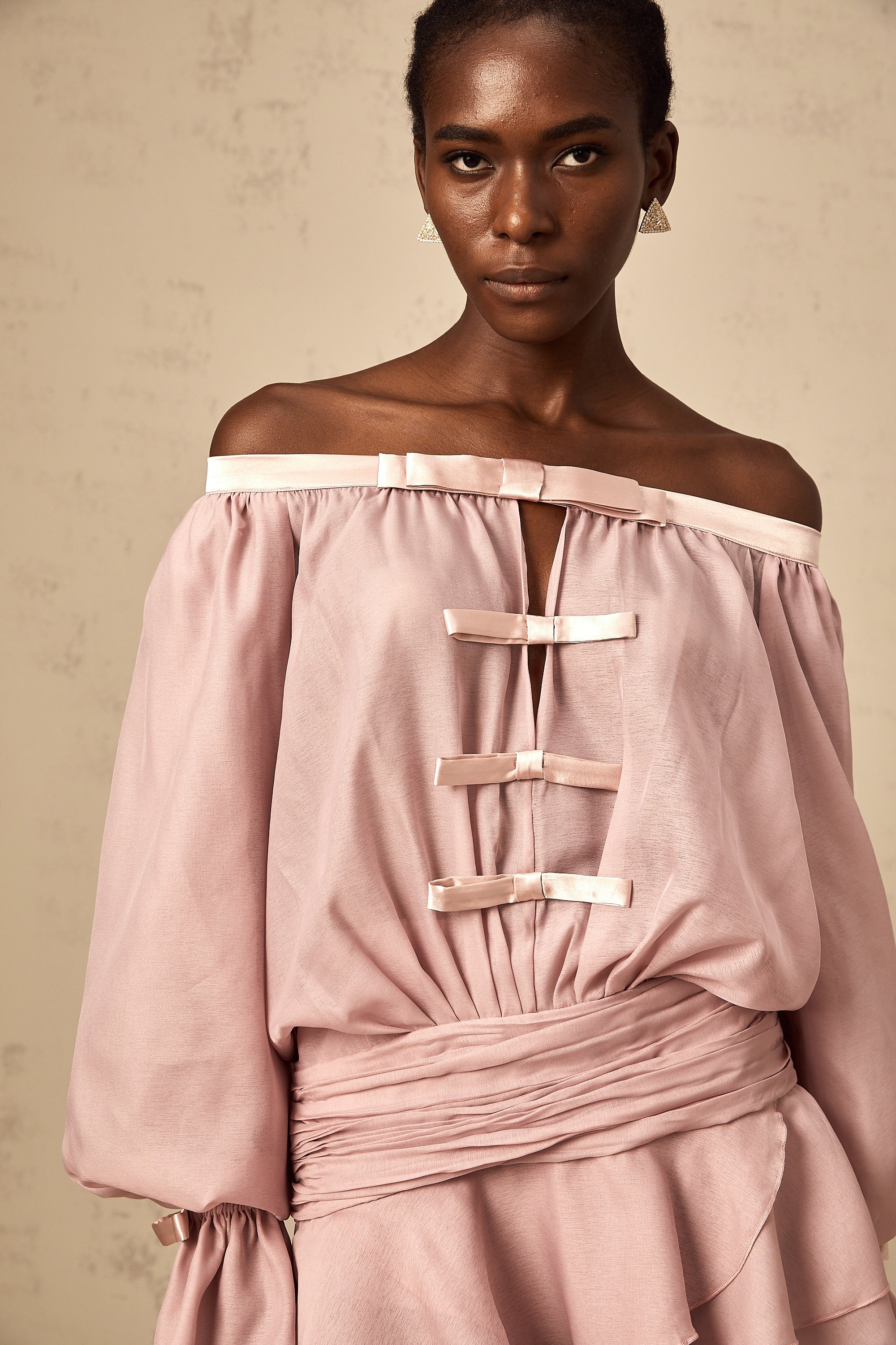 Dulcie pink off-shoulder bowknot flounced mini dress