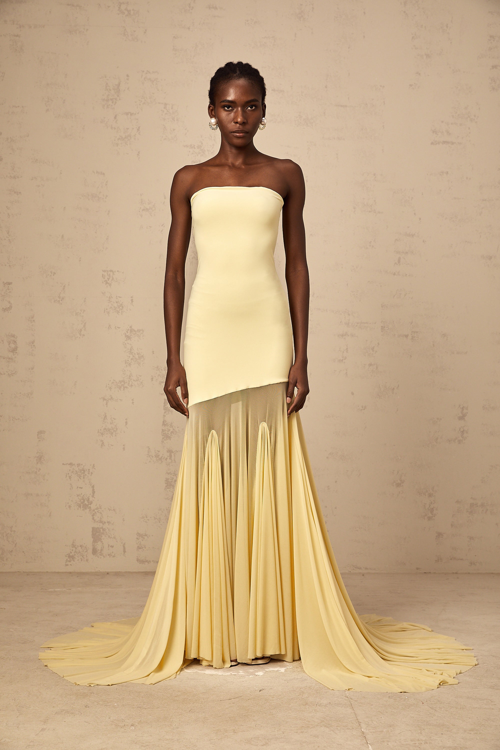 Josiane yellow off-shoulder sheer tulle maxi dress