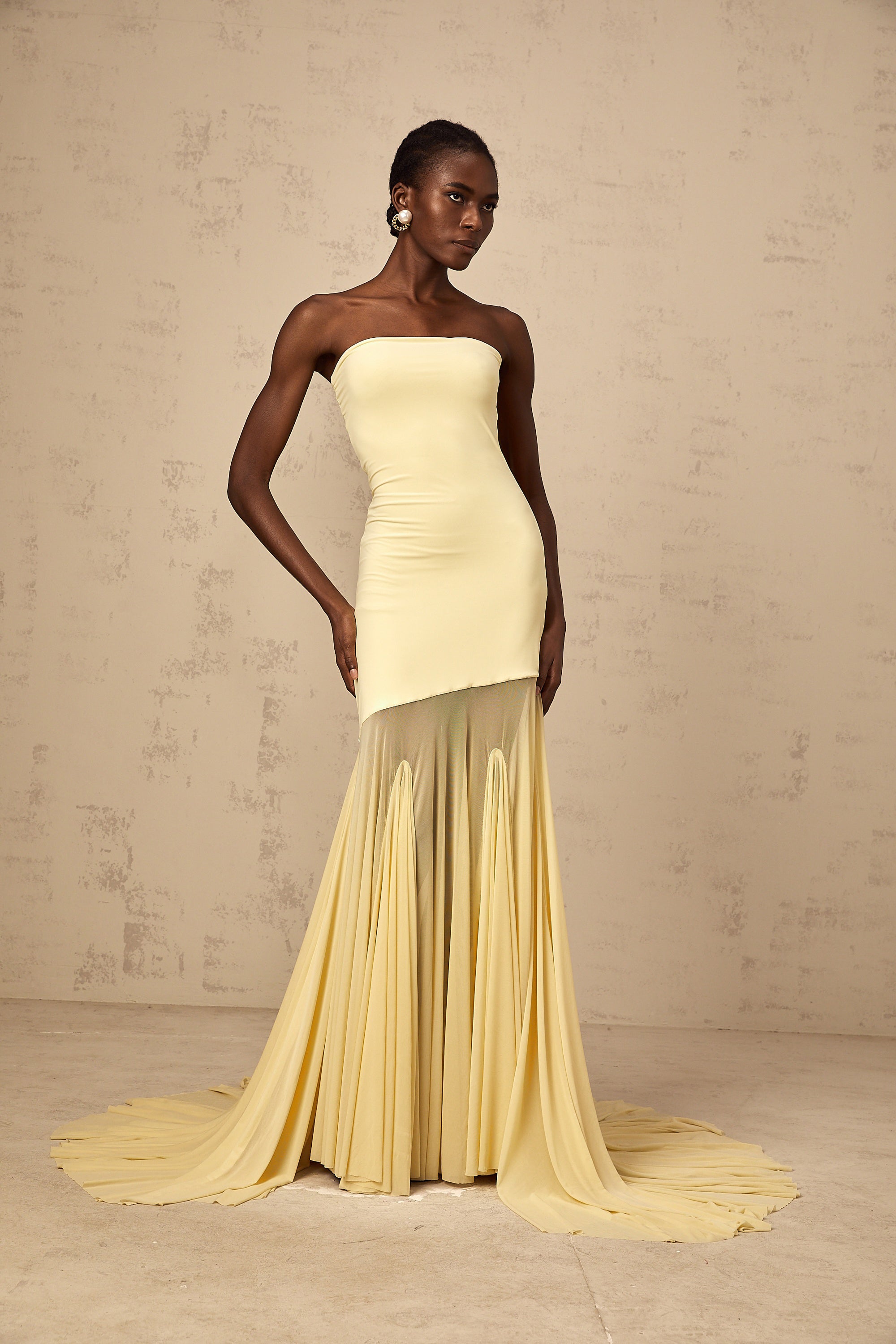 Josiane yellow off-shoulder sheer tulle maxi dress