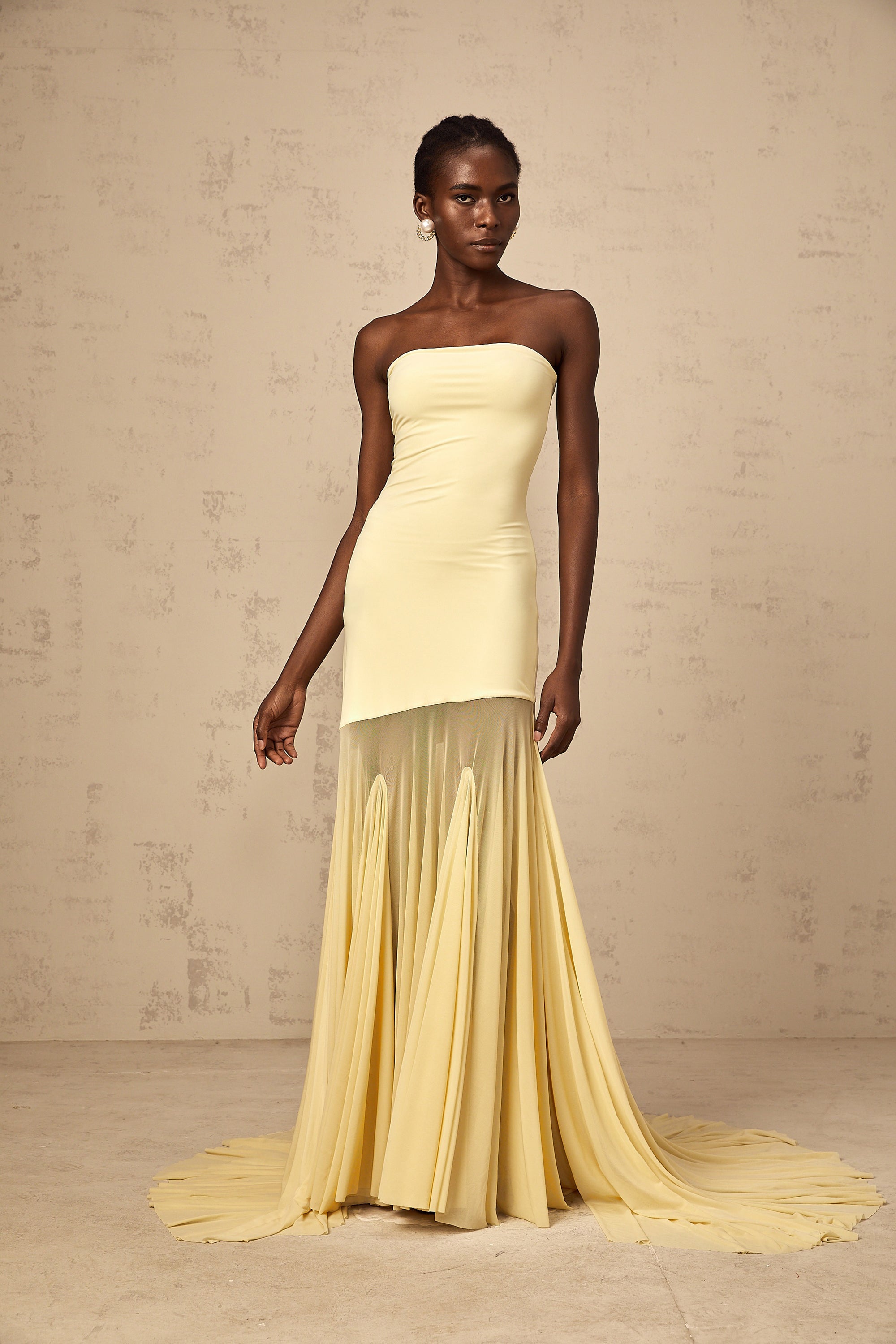 Josiane yellow off-shoulder sheer tulle maxi dress