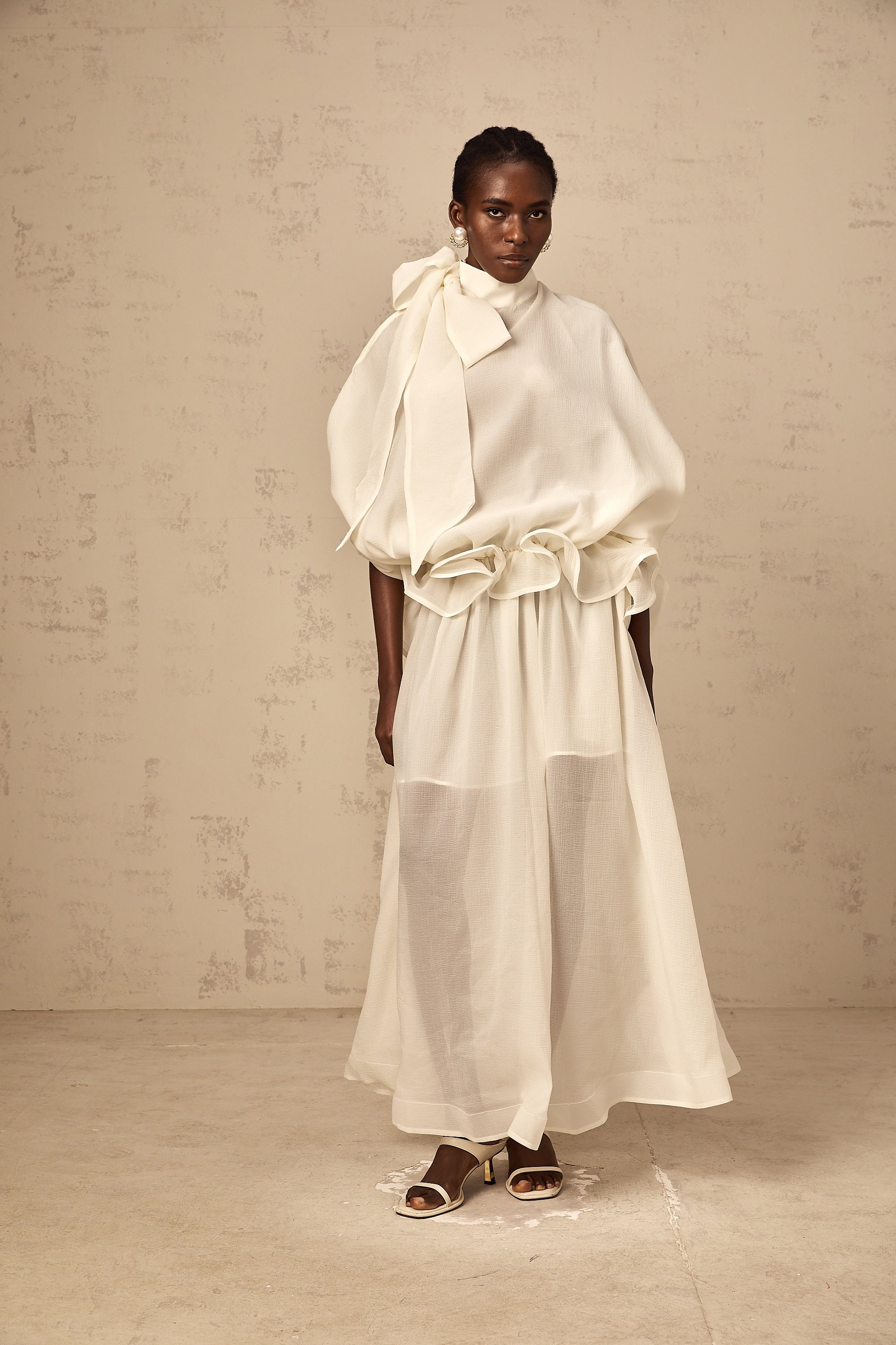 Honorine white tie-neck ruffled maxi dress
