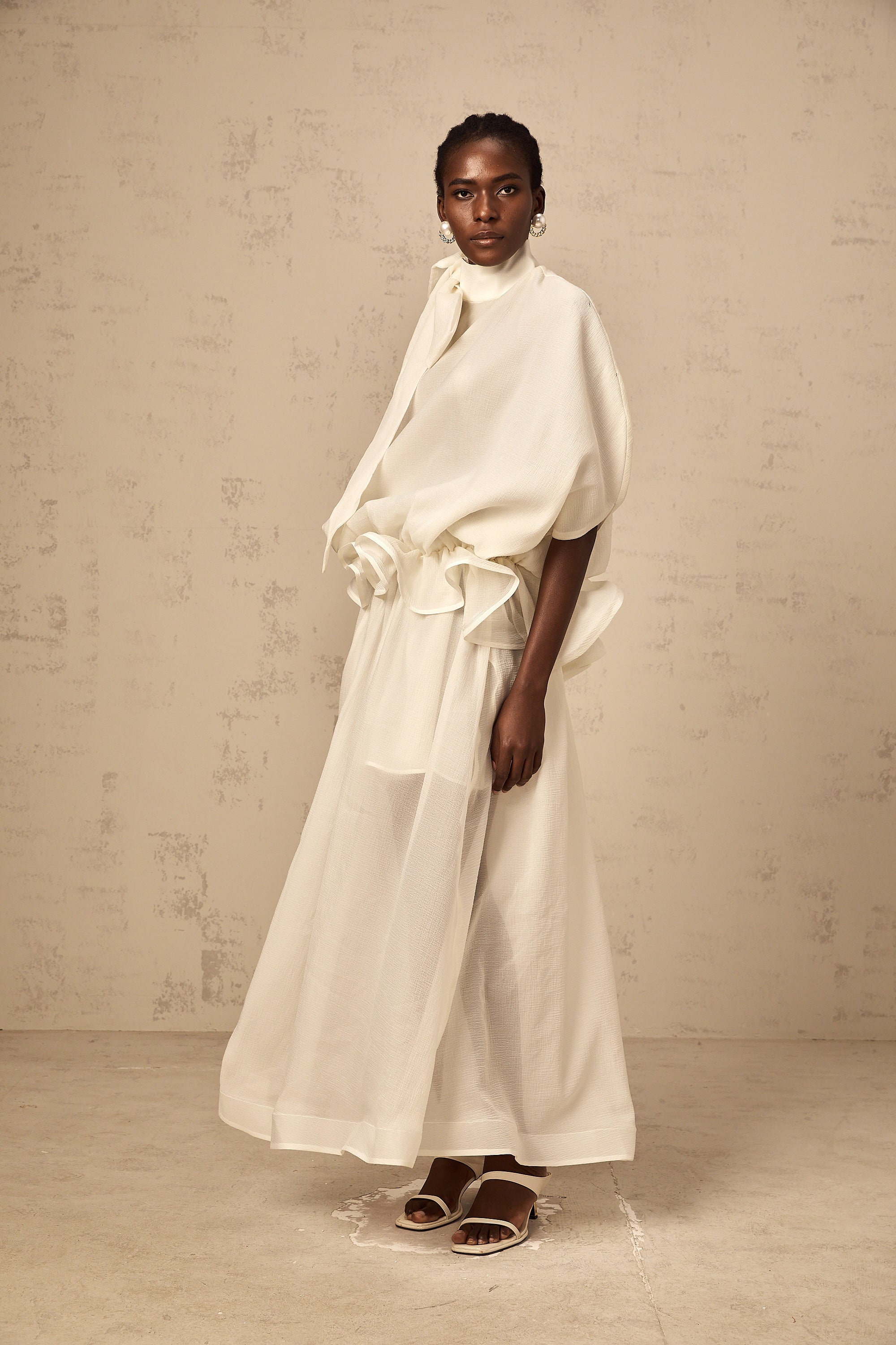 Honorine white tie-neck ruffled maxi dress