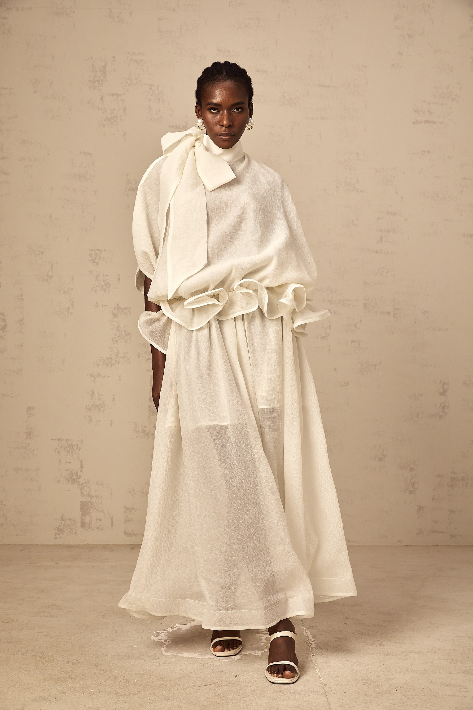 Honorine white tie-neck ruffled maxi dress