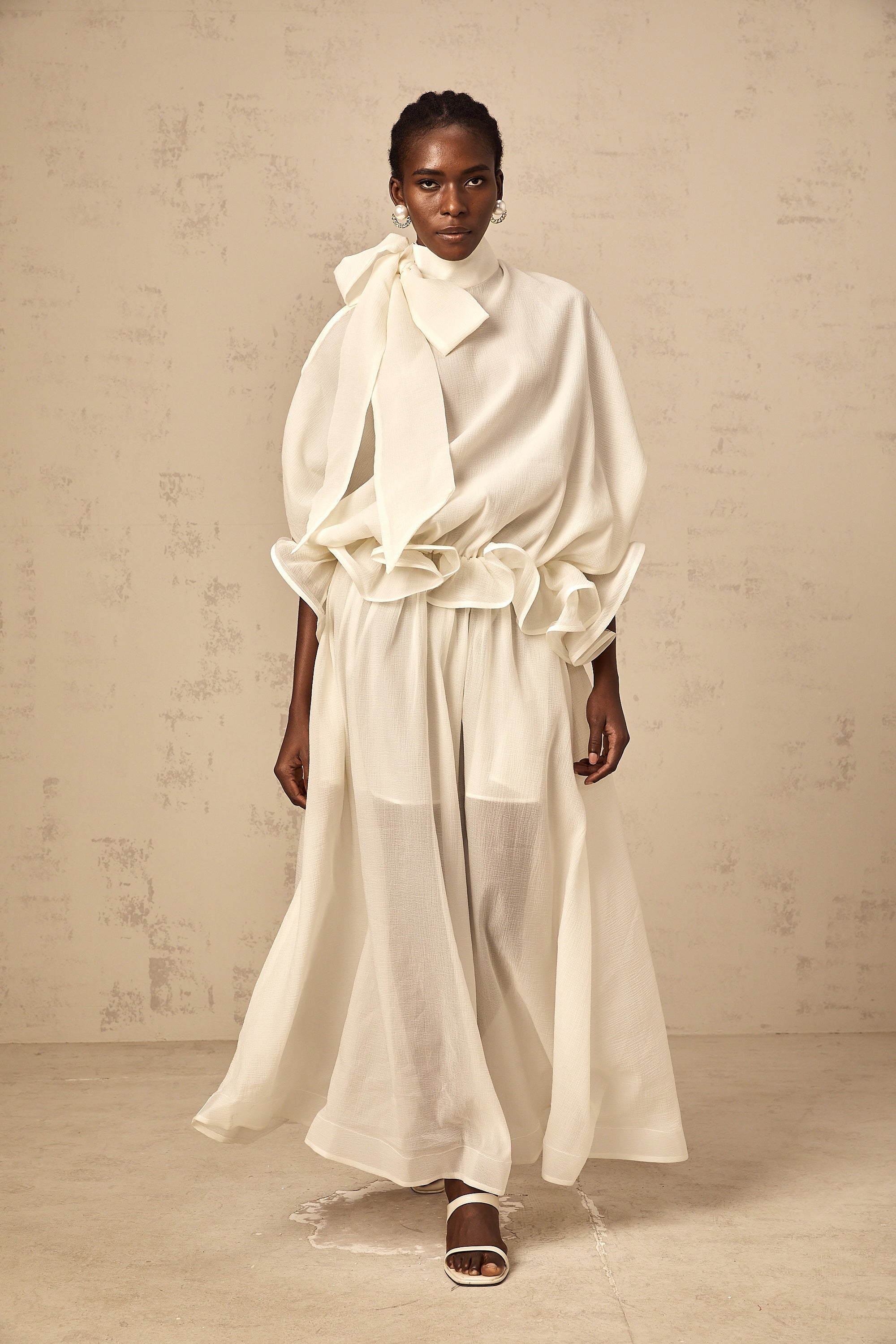 Honorine white tie-neck ruffled maxi dress