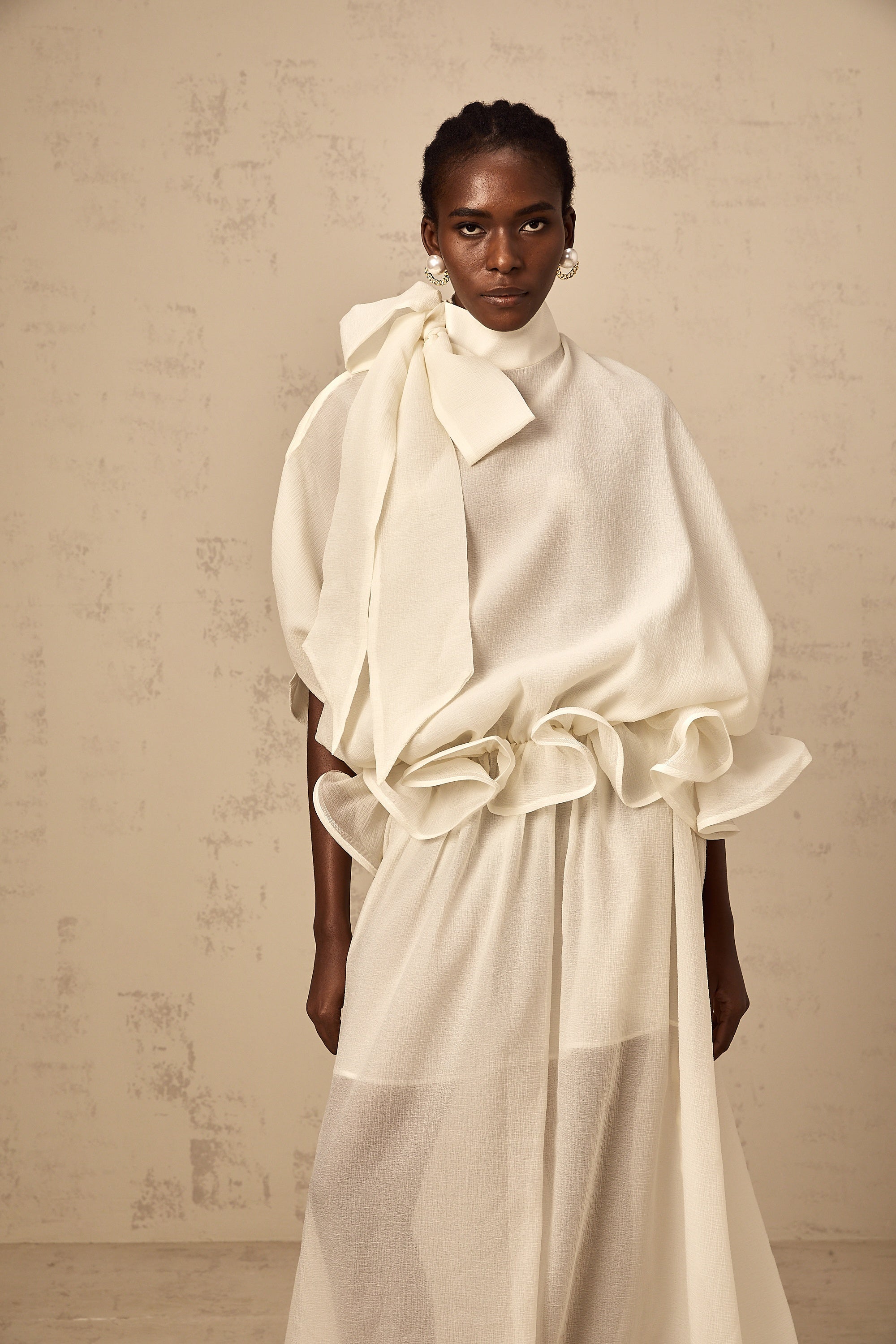 Honorine white tie-neck ruffled maxi dress
