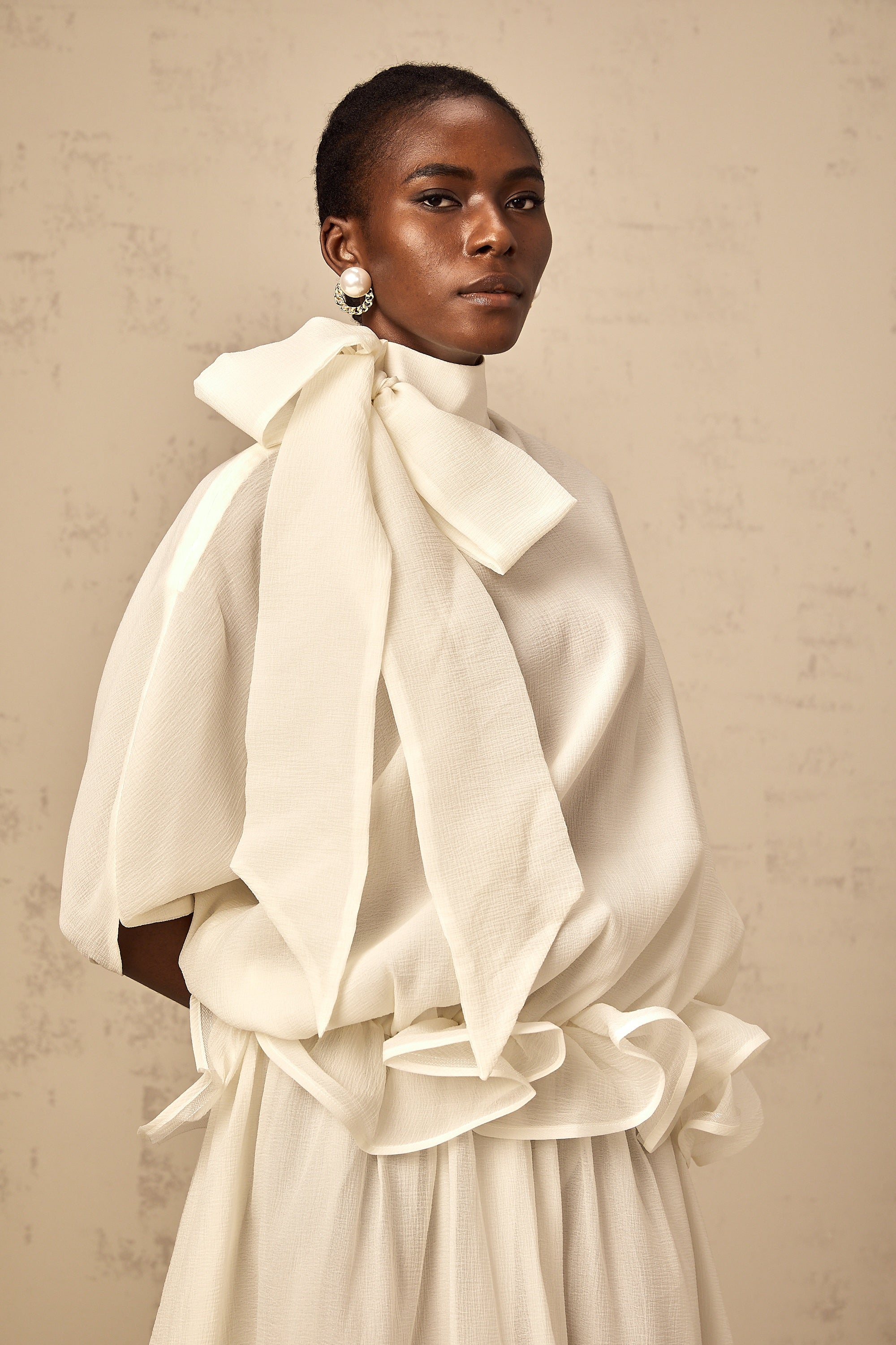 Honorine white tie-neck ruffled maxi dress