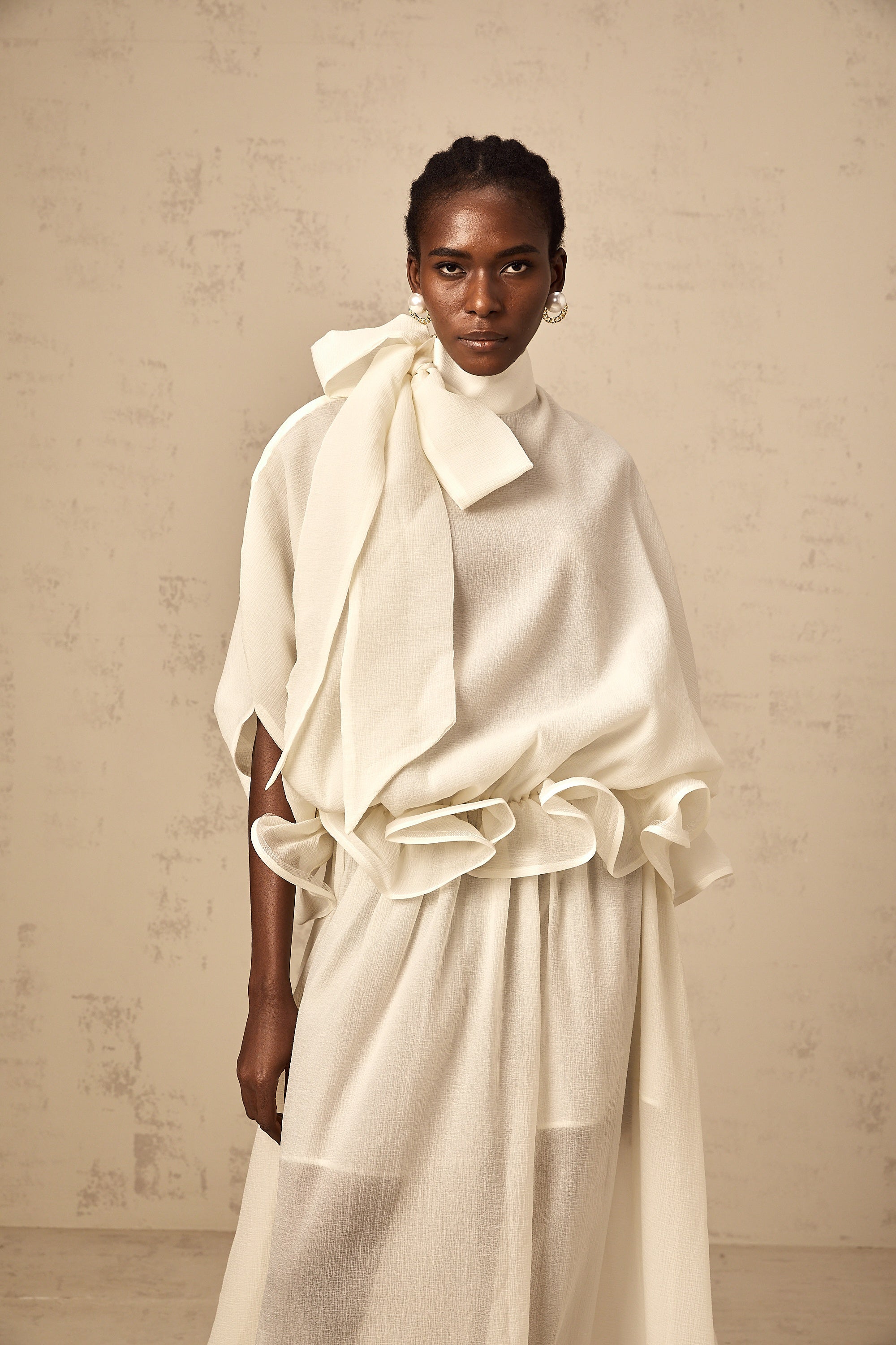 Honorine white tie-neck ruffled maxi dress