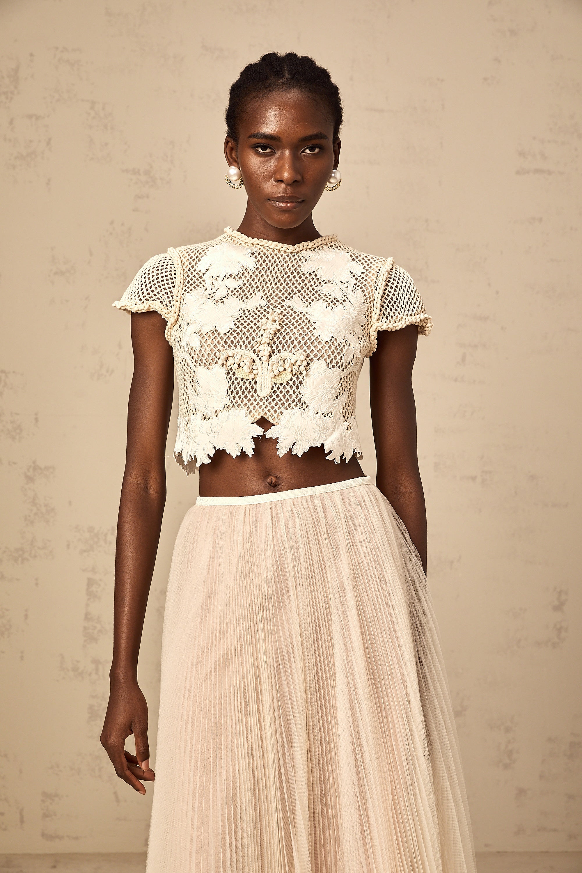 Perle neutrals floral-appliqué top & skirt matching set