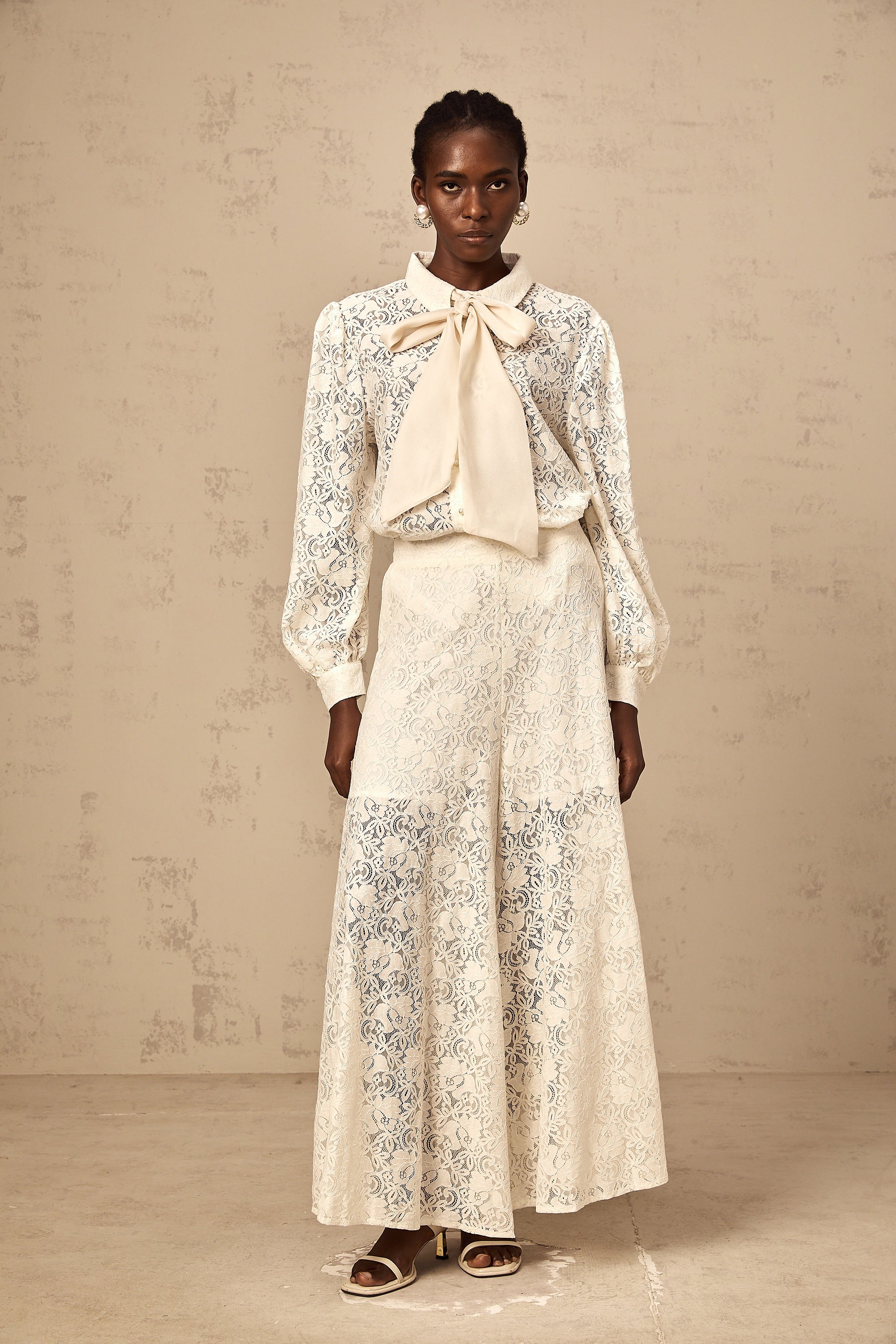 Vanessa white guipure-lace shirt & trousers matching set