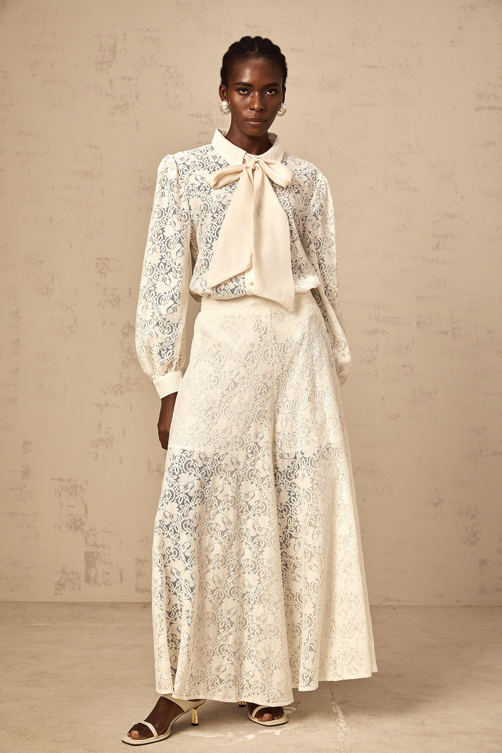 Vanessa white guipure-lace shirt & trousers matching set