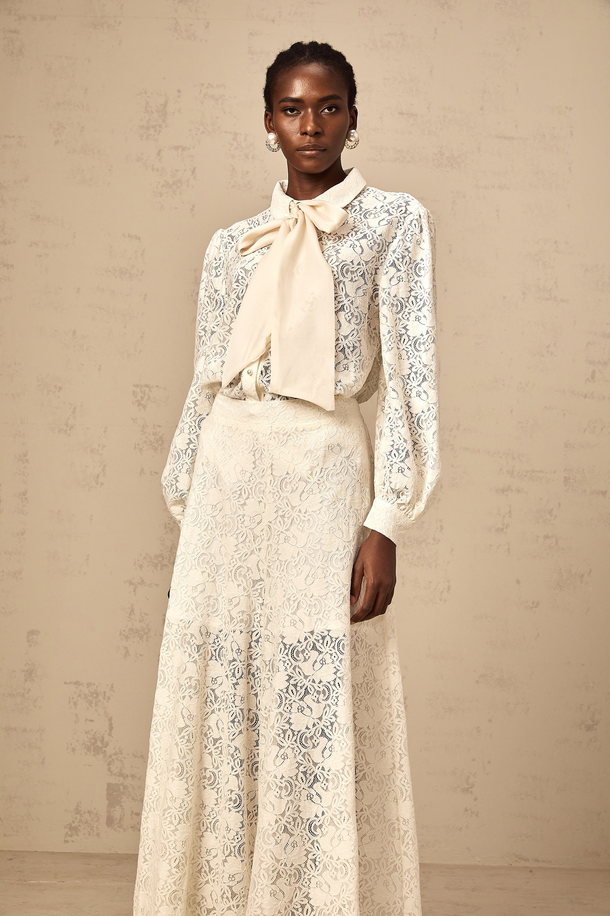 Vanessa white guipure-lace shirt & trousers matching set