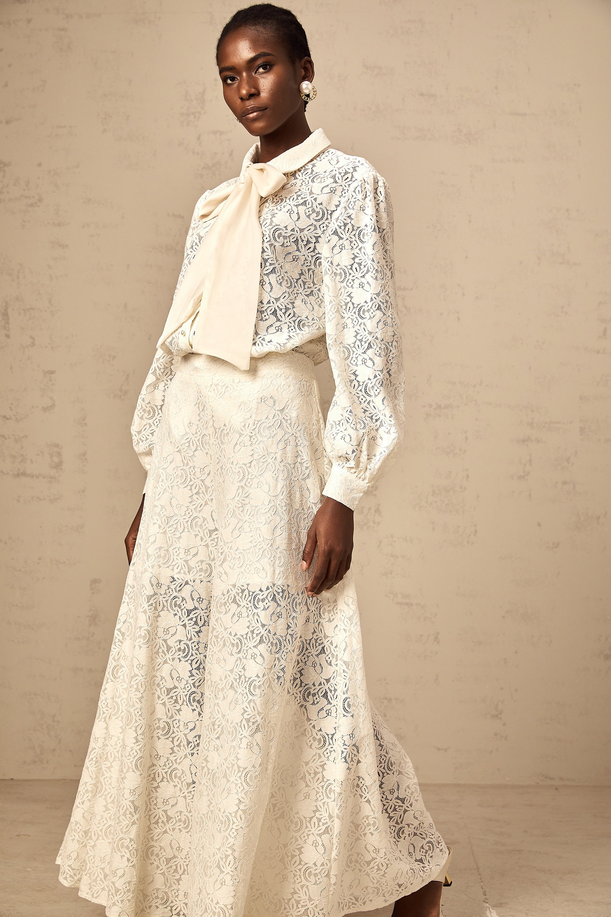 Vanessa white guipure-lace shirt & trousers matching set