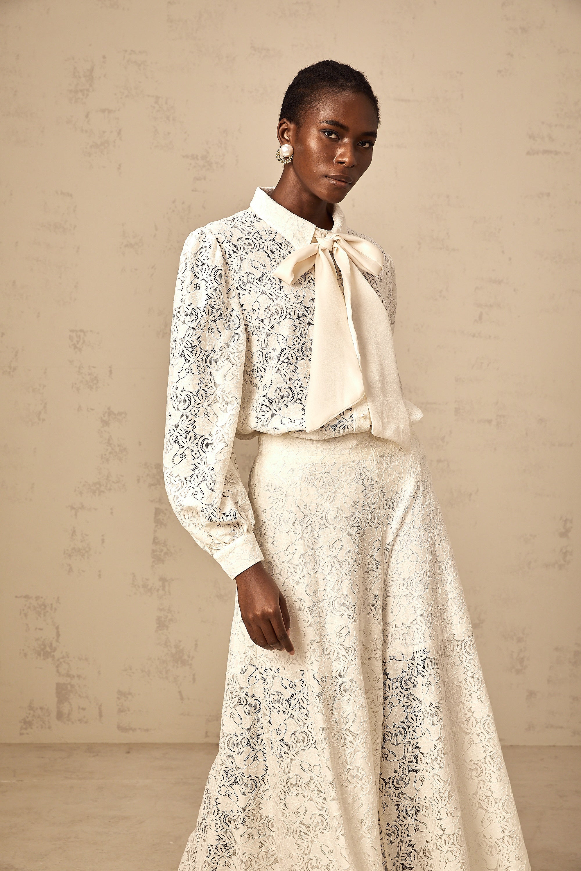 Vanessa white guipure-lace shirt & trousers matching set