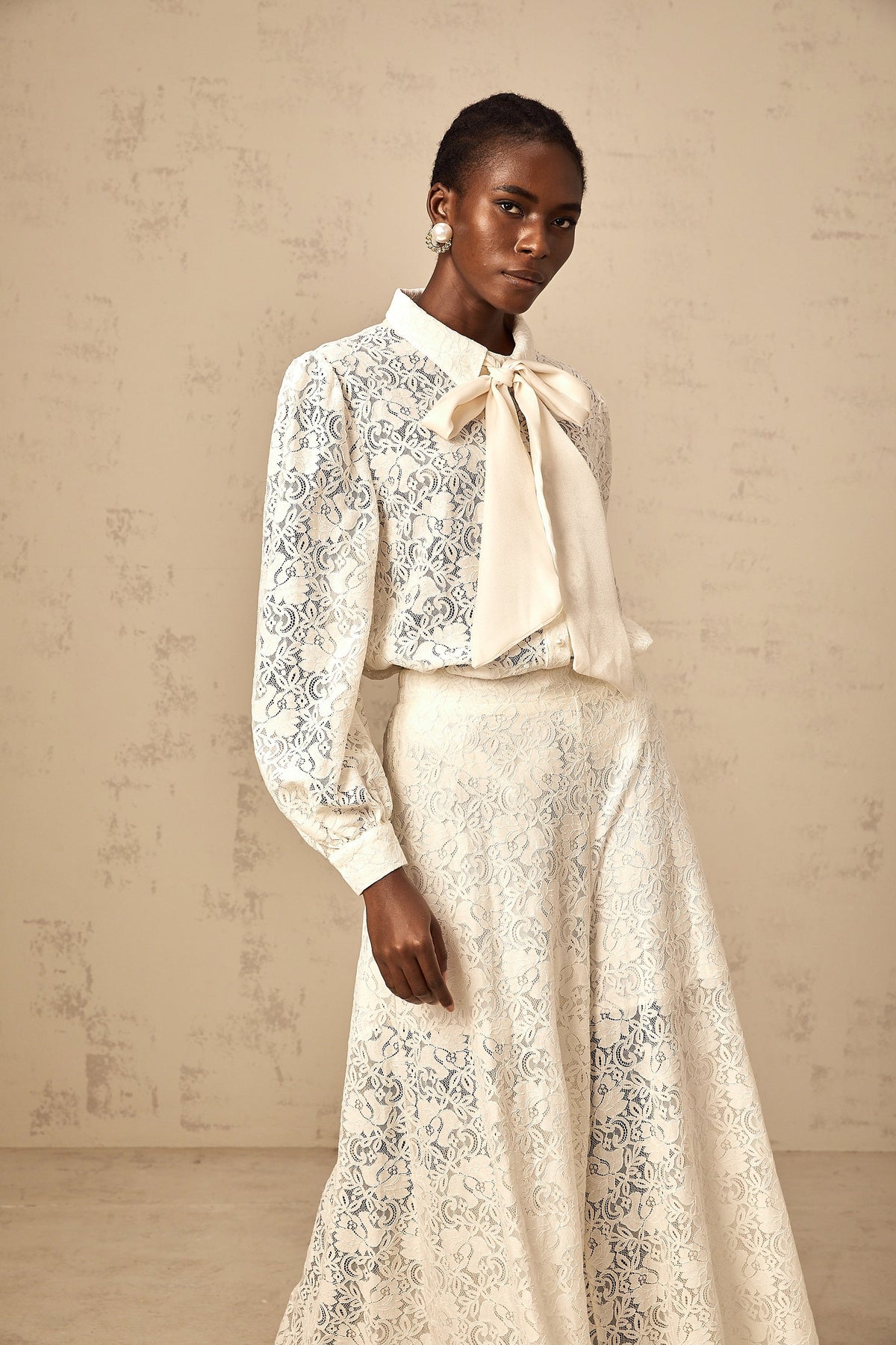 Vanessa white guipure-lace shirt & trousers matching set