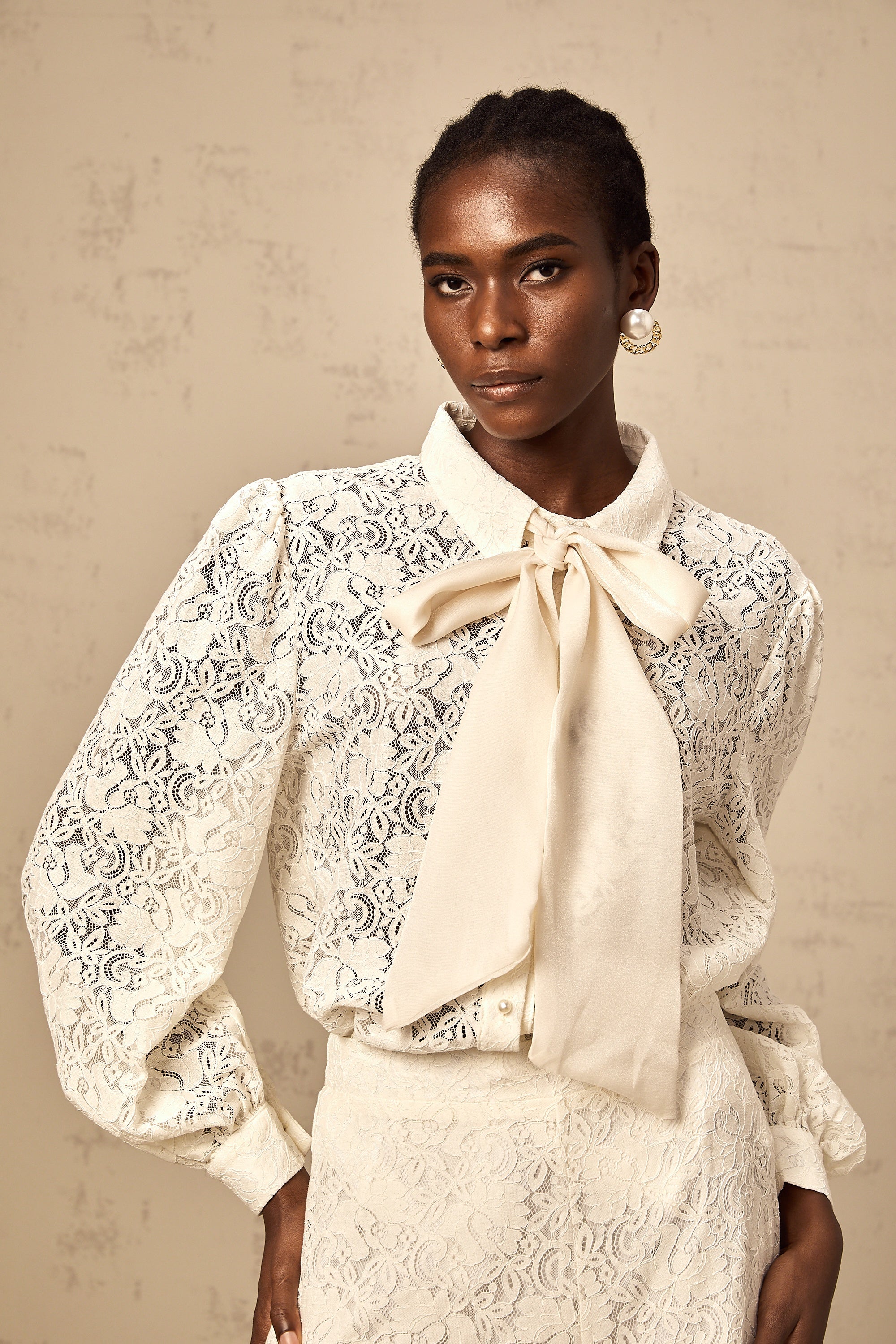 Vanessa white guipure-lace shirt & trousers matching set