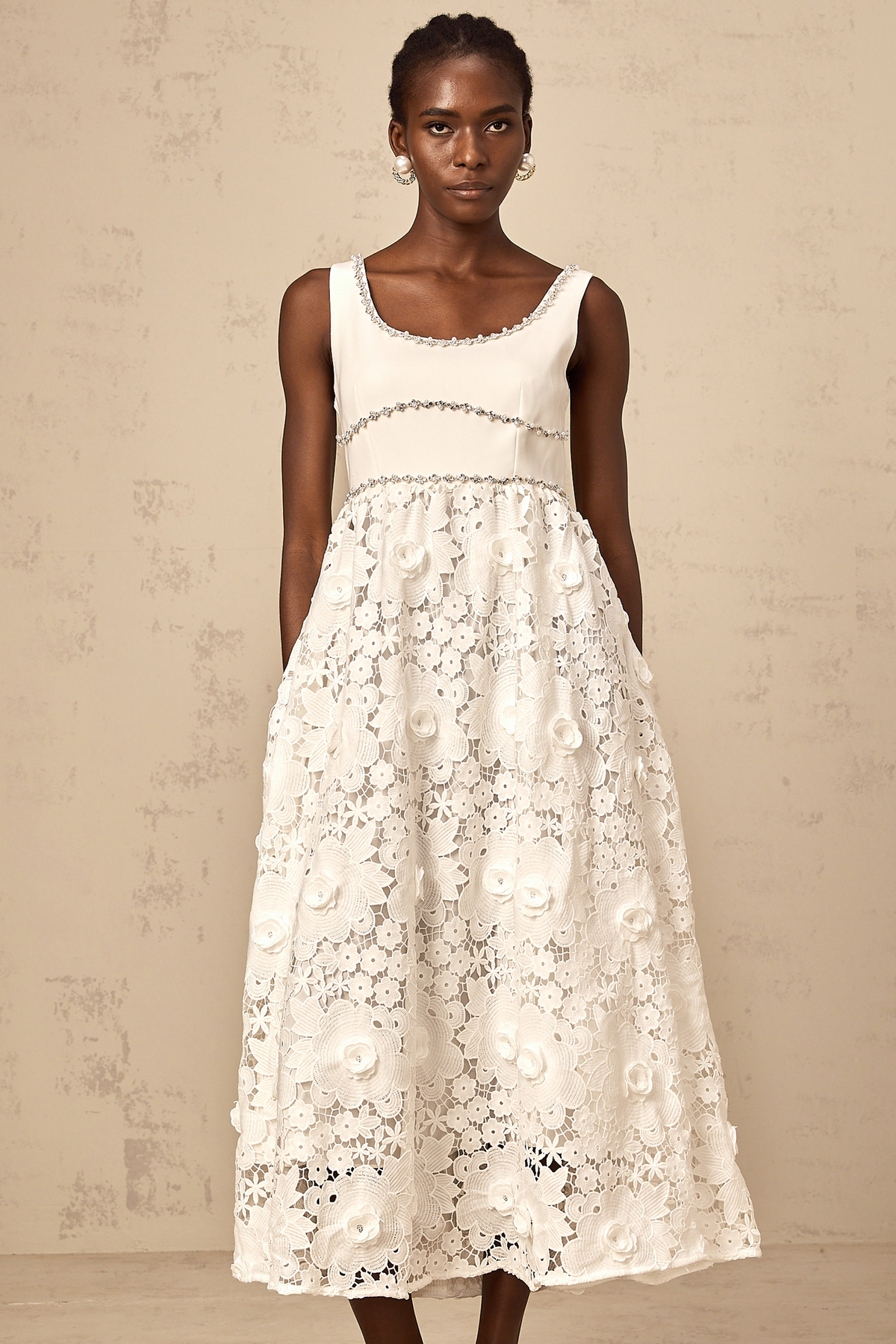 Poema white embellished lace midi dress