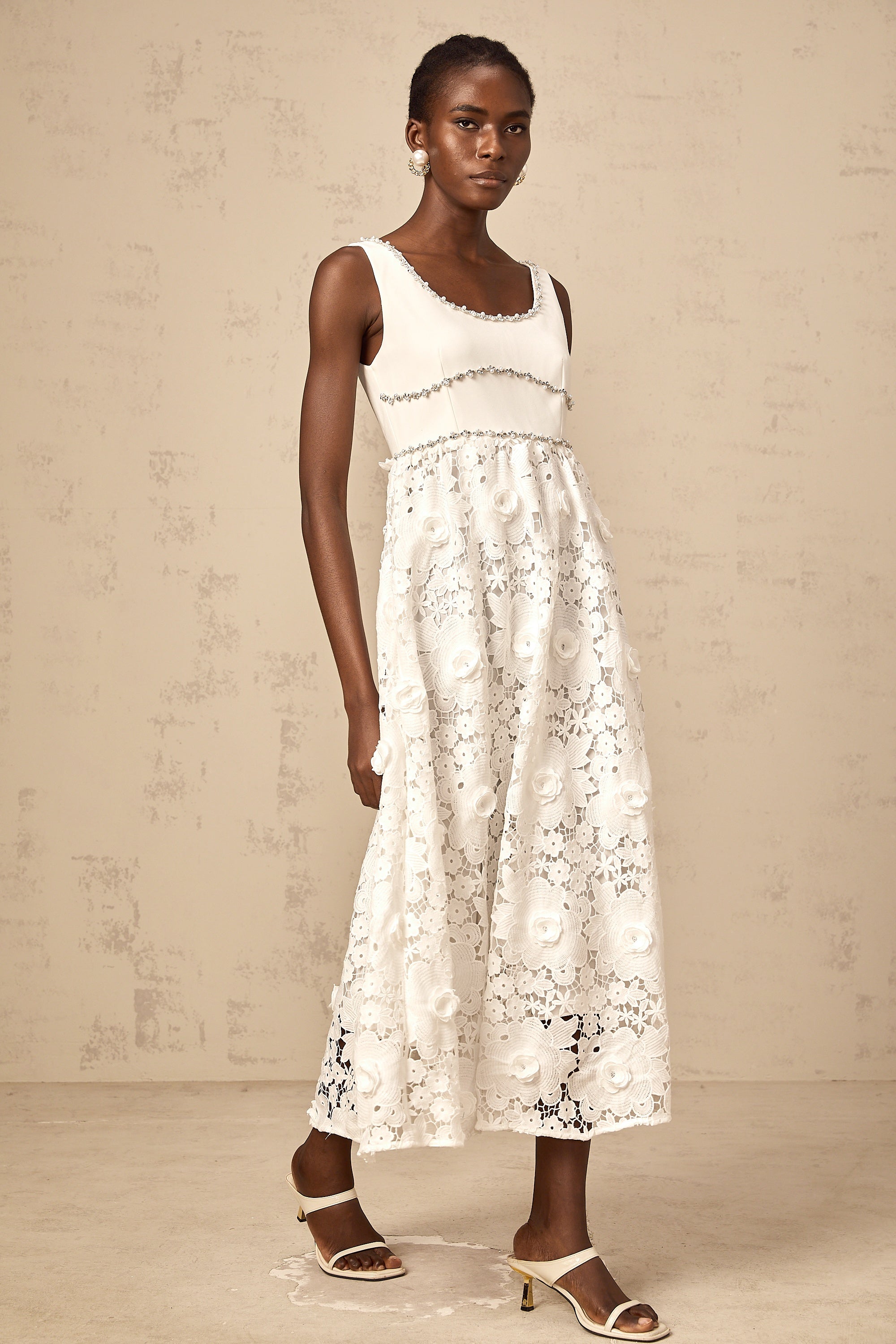 Poema white embellished lace midi dress