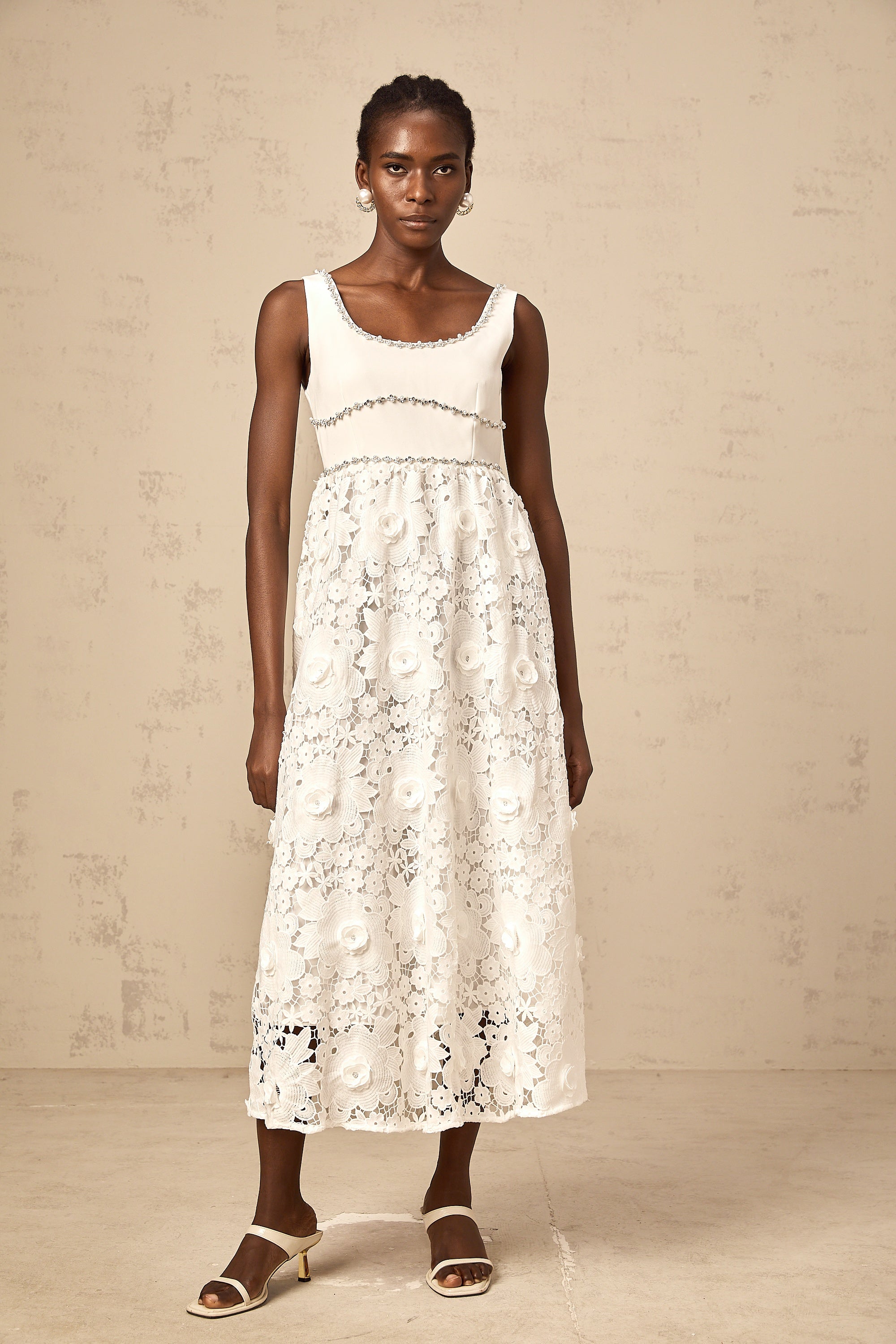 Poema white embellished lace midi dress